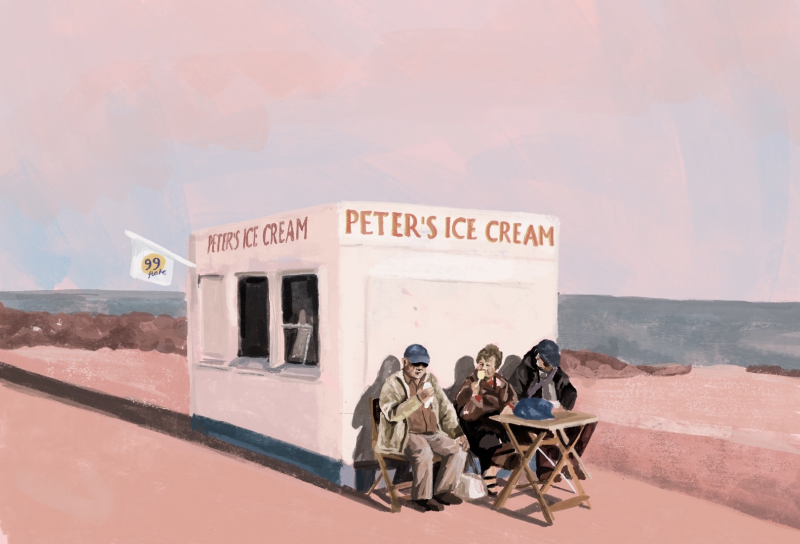 Painted scene of people sitting at a table at the beach outside a small white building that reads 'Peter's Ice Cream'.