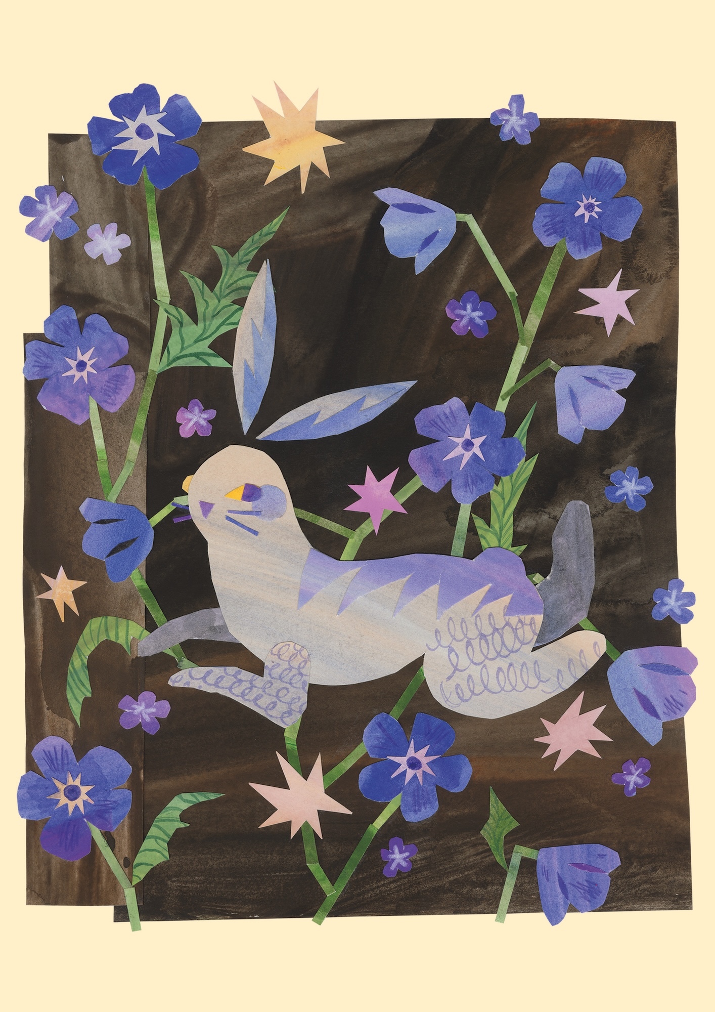 Illustration of a blue rabbit bounding between some blue flowers.