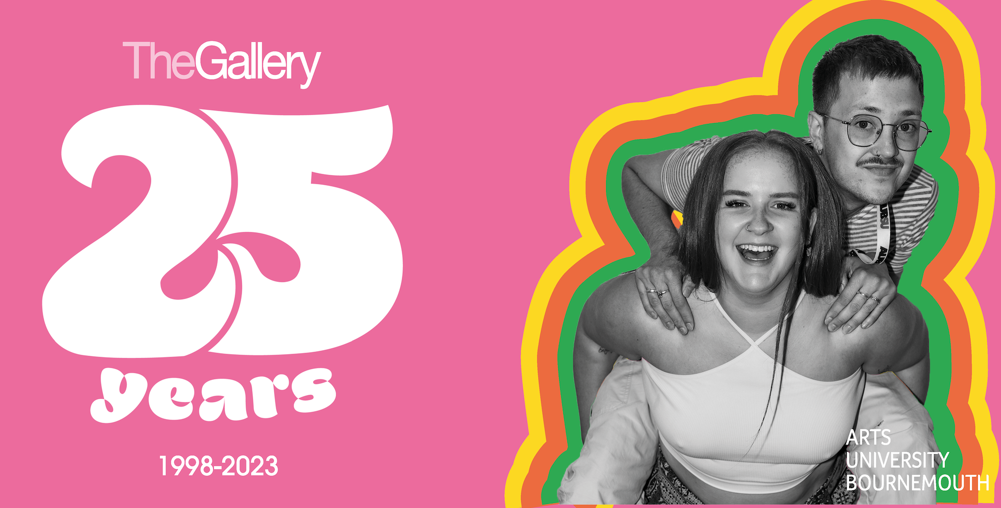 Pink banner with text reading "TheGallery 25 years 1998-2023" on it. A photo of two people, one piggybacking on the other, appears on the right with a colourful outline around them.