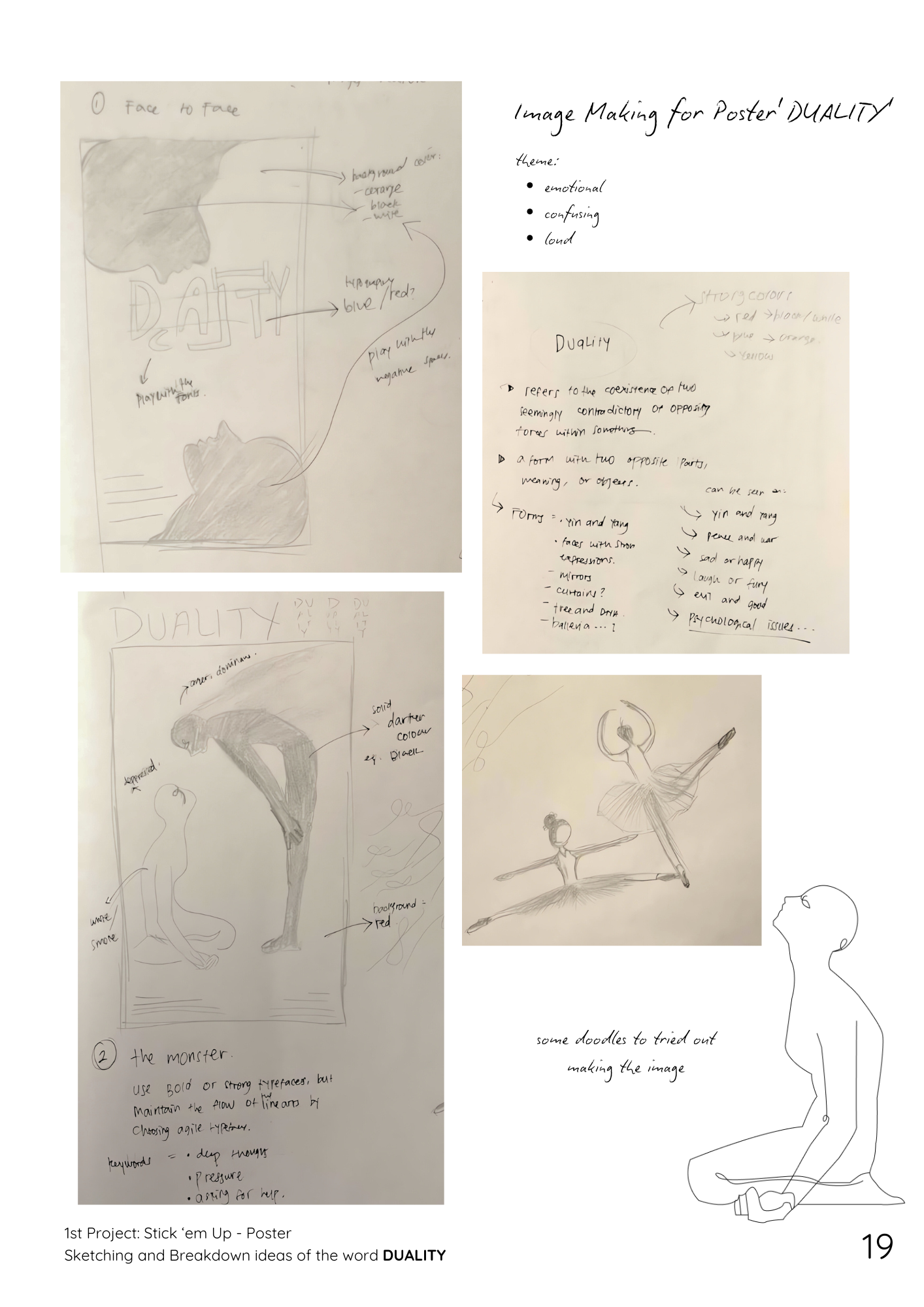 Four images of pencil sketches, designs and notes for a poster design.