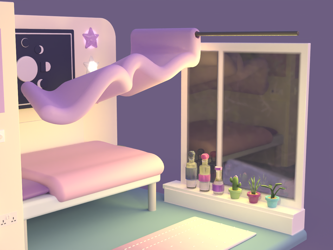 3D render illustration an AUB Accommodation bedroom with the blinds blowing, purple background.