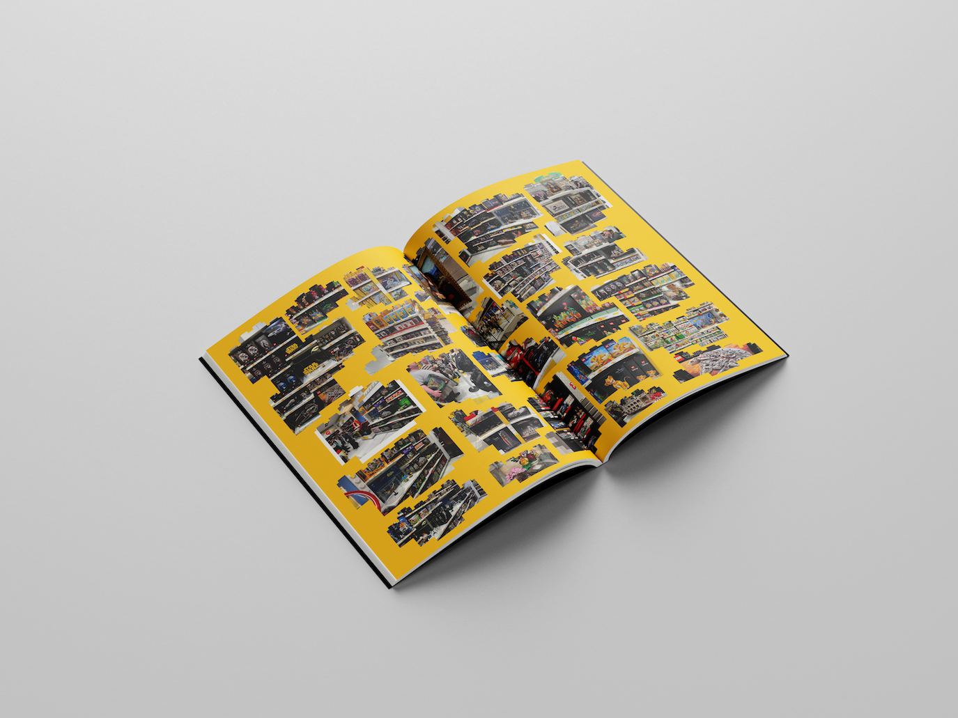 Open magazine with bright yellow pages displaying grid layout of small black and white photographs on grey background.