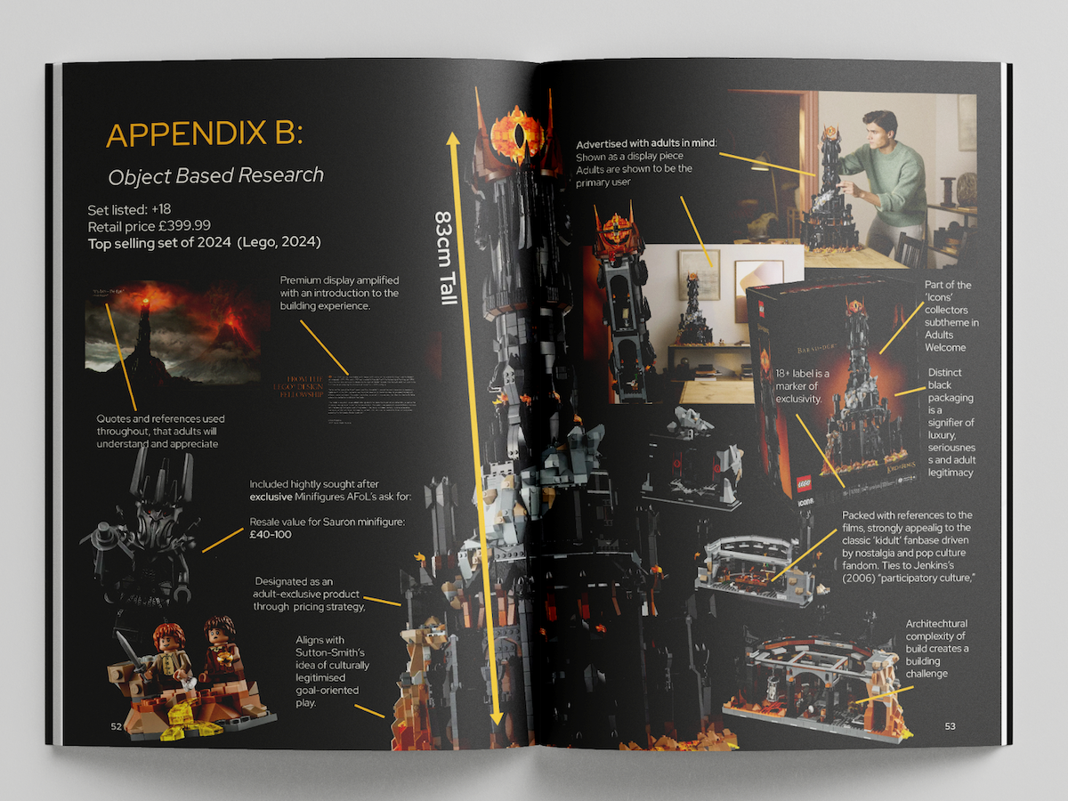 Open book showing "Appendix B: Object Based Research" with dark pages featuring multiple annotated images connected by yellow lines and text labels.