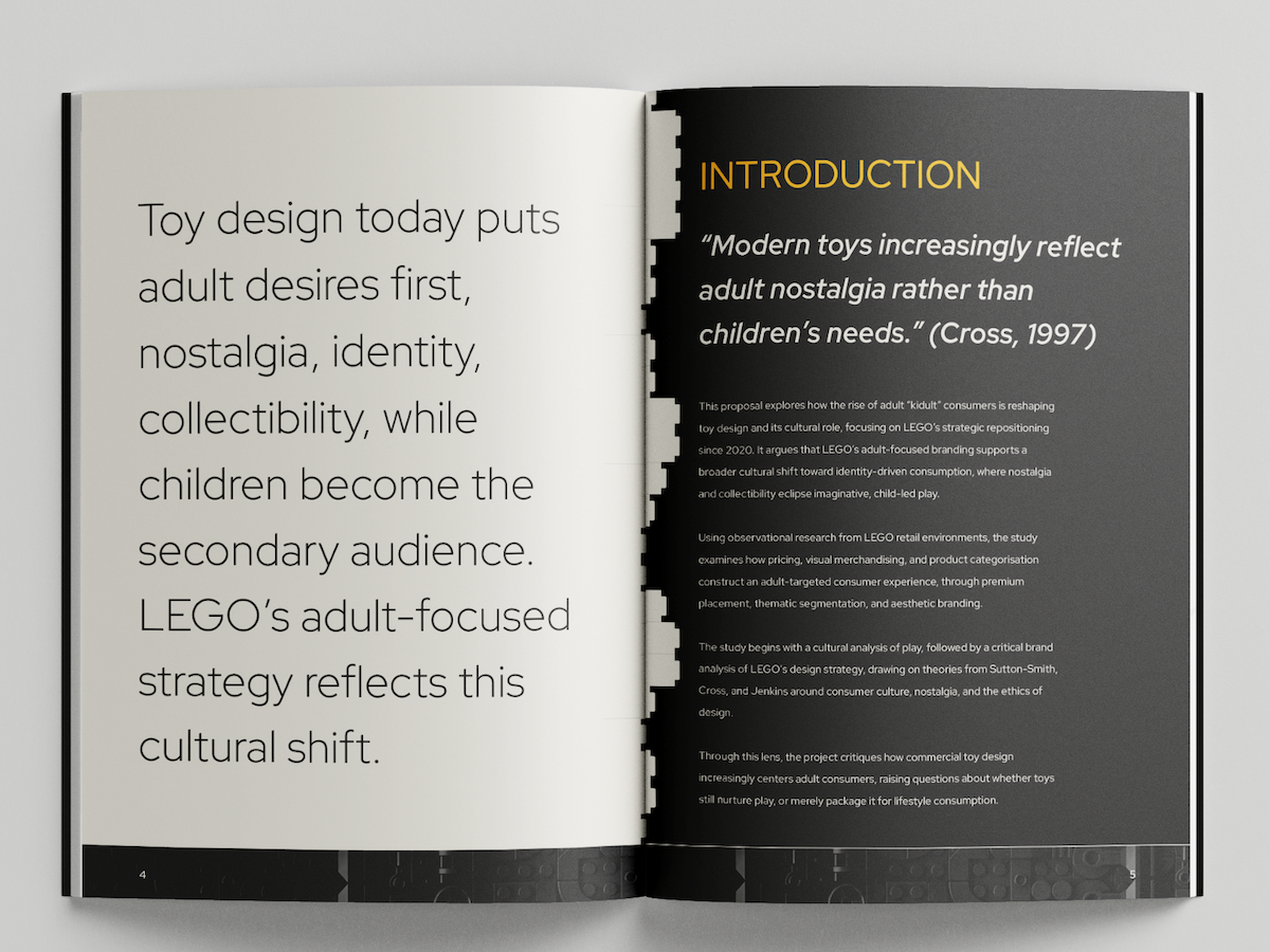 Open book with text on both pages. Left page has white background with black text about toy design. Right page has black background with white text under "INTRODUCTION" heading.