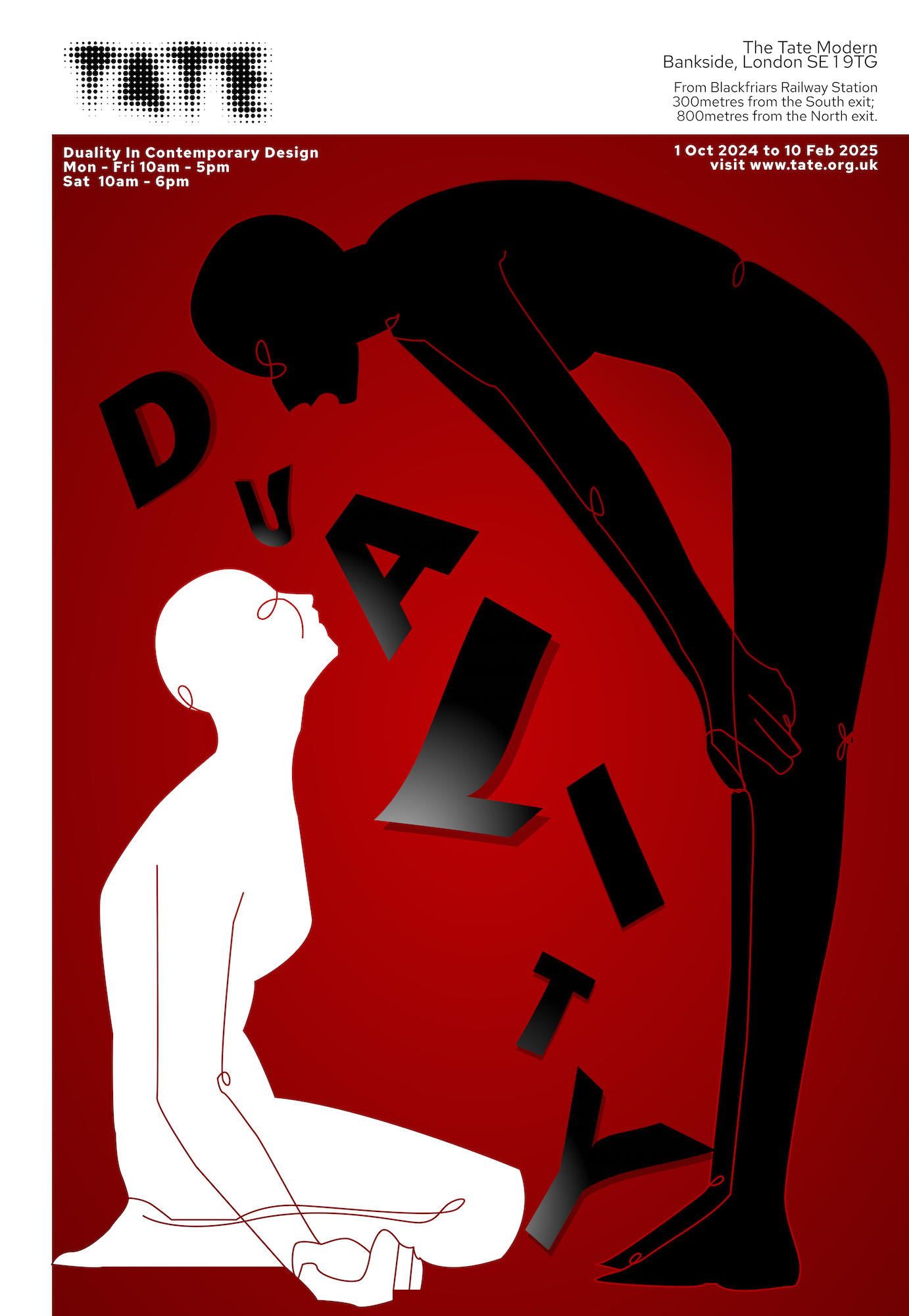 Primarily red poster with two human figures, one in white kneeling on the ground looking up at the other, in black, standing and leaning over. The word "Duality" is between them in distorted typography.