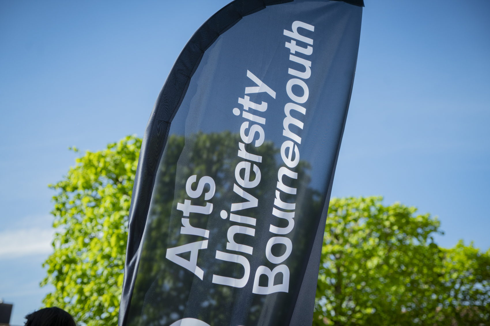 New AUB logo in white text on a black, translucent flag, green trees and sky blurred in background.