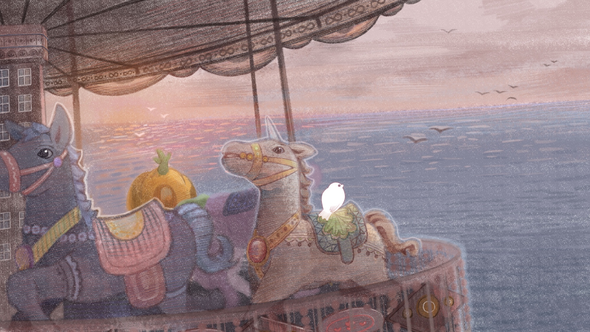 Watercolour illustration showing ship deck with brown sails, grey-blue ocean, pink-orange sky, and anthropomorphic animal characters in colourful clothing.