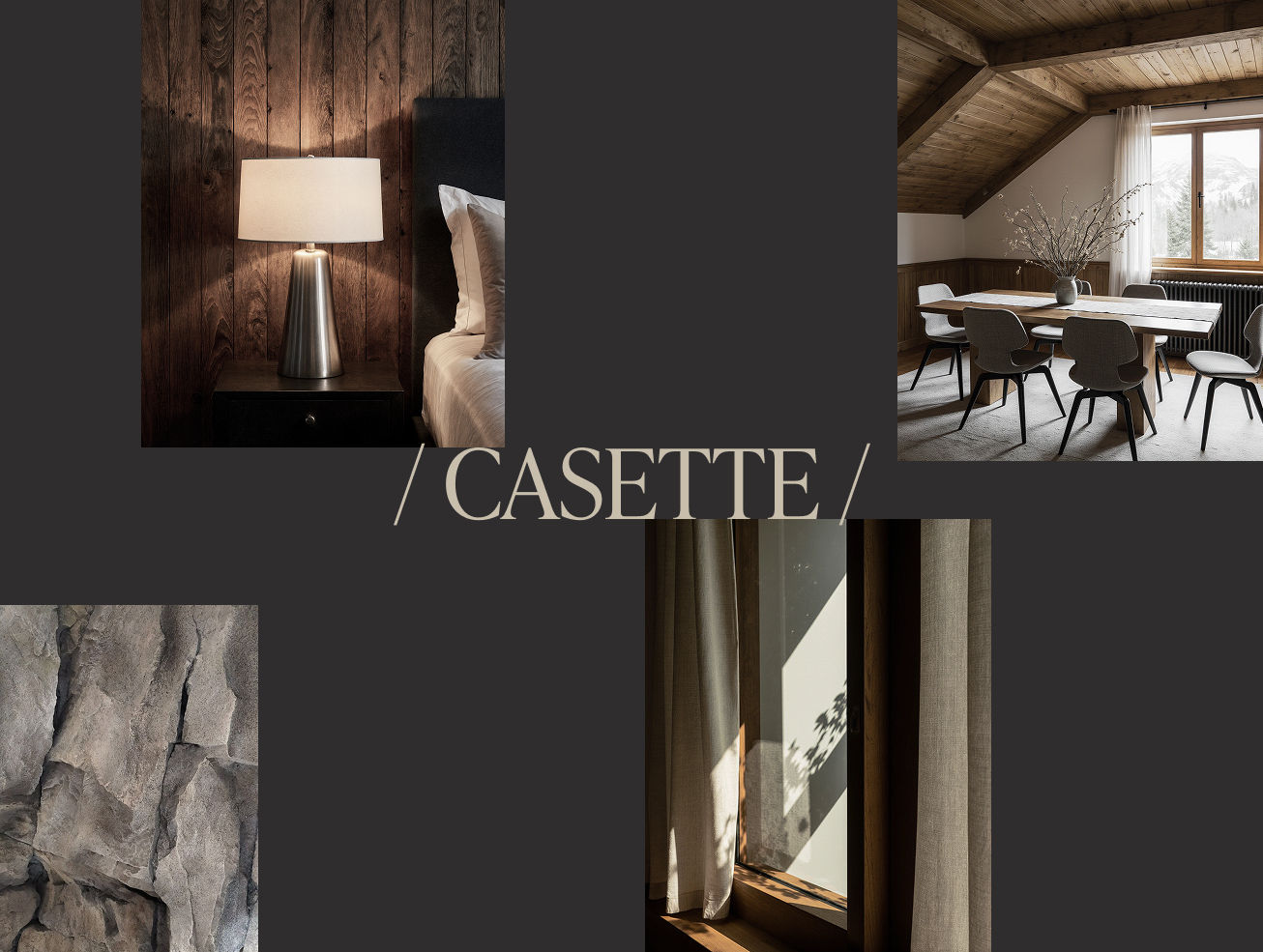 Four interior design images on grey background with "CASETTE" text: bedroom, dining room, stone wall detail, and window corner.