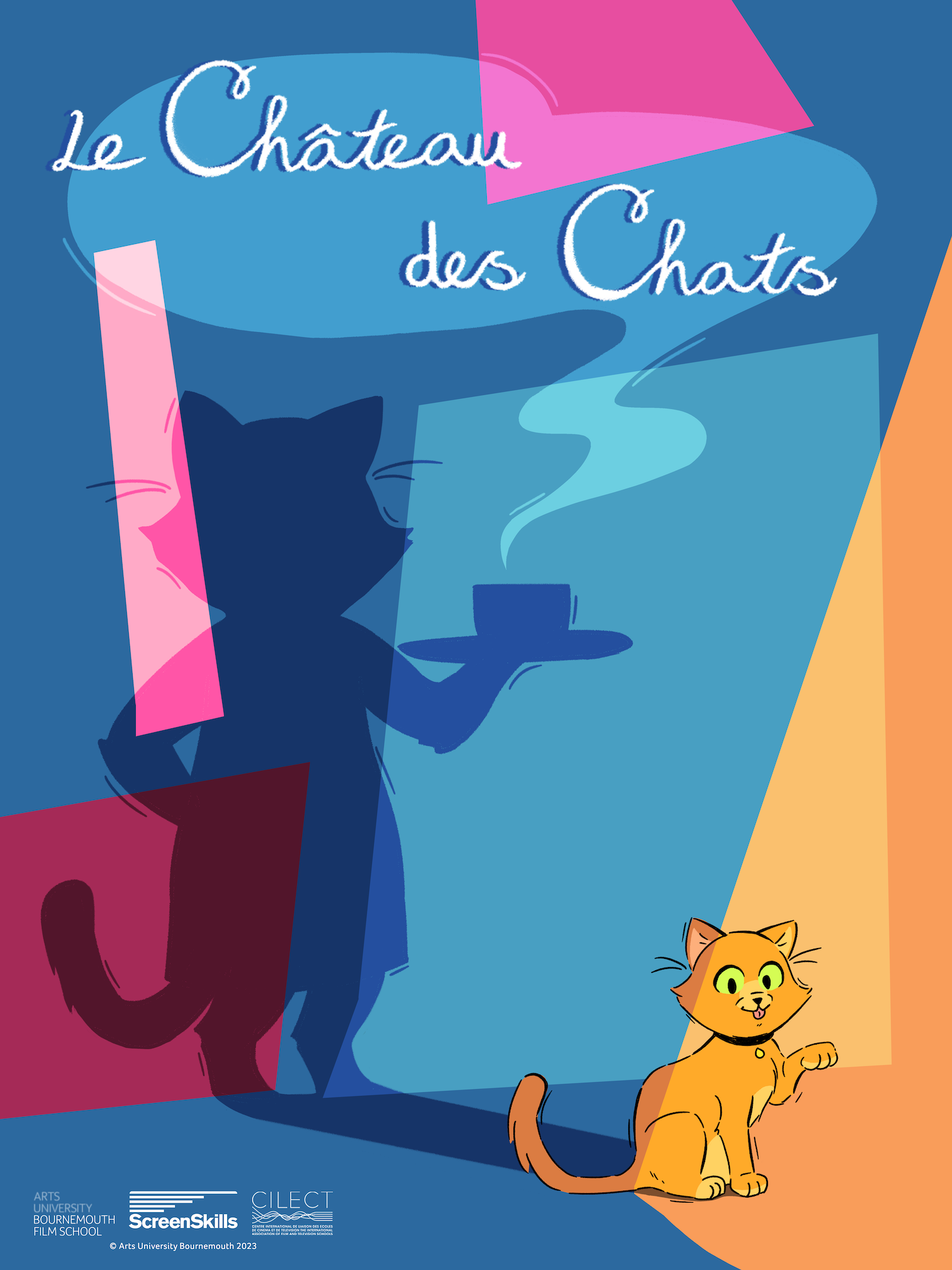 Film poster for "Le Château des Chats". Illustrated cat casting a shadow of a cat holding a steaming cup of tea. The film's title "Le Château des Chats" appears out of the steam cloud.