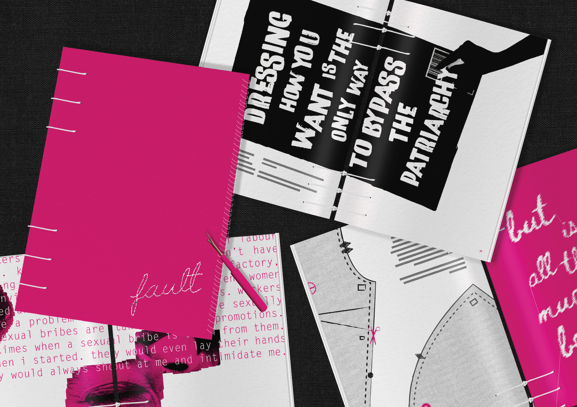Collage of magazine extracts in hot pink, white and black with text snippets about patriarchy and feminism.