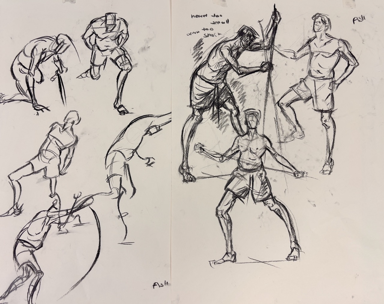 A pencil sketchbook page showing several figure drawing studies of people in varied poses, with loose gesture lines on a cream background.