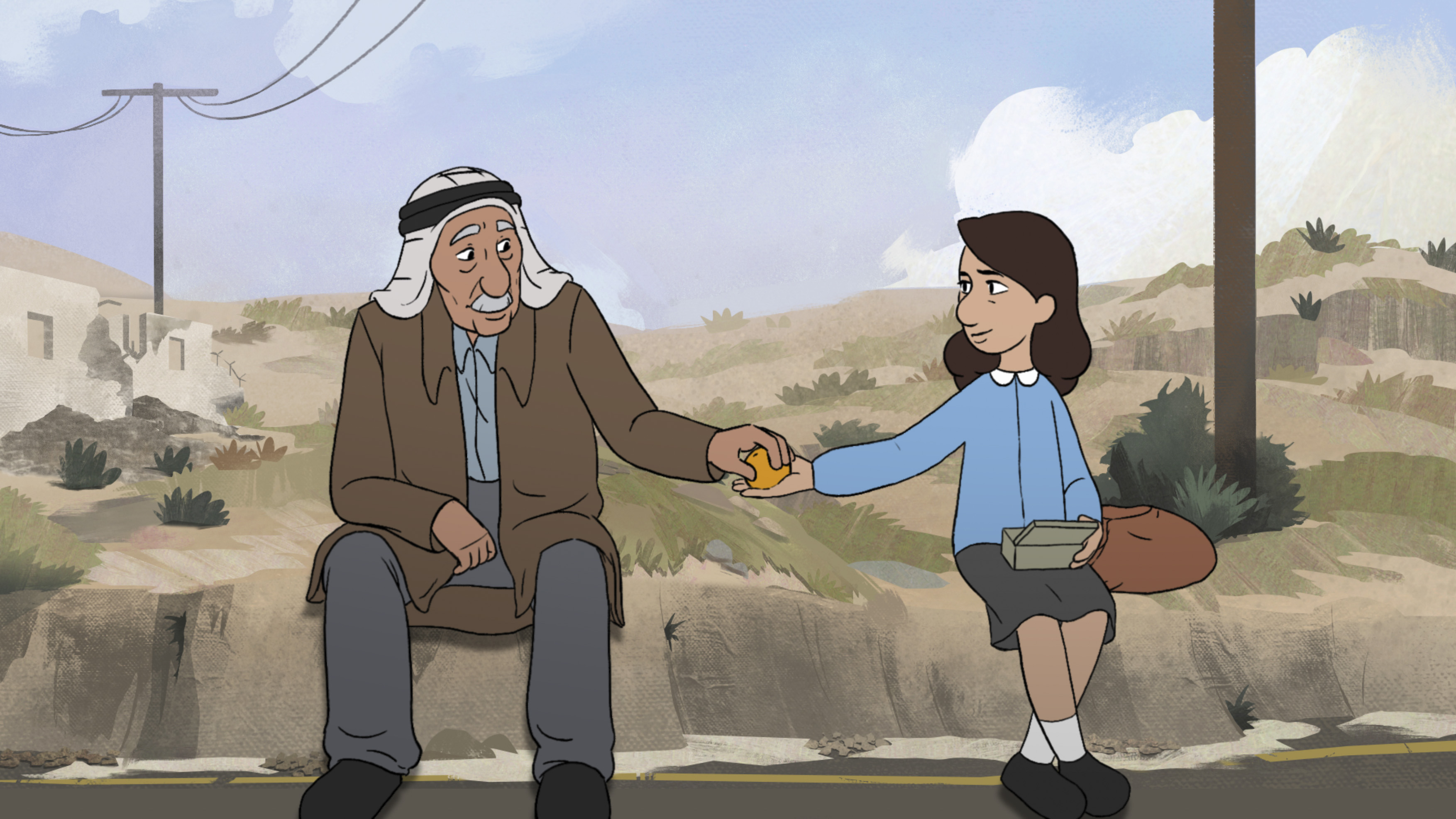 Animated still of a young girl sitting next to an old man and offering him an orange fruit.
