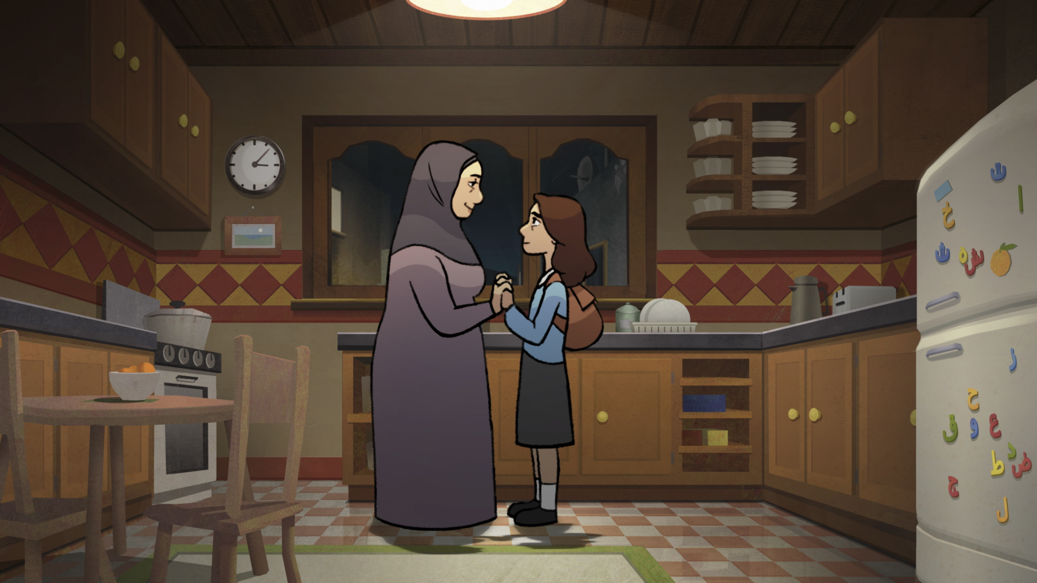 Animated still of a mother and child standing in the middle of a kitchen.