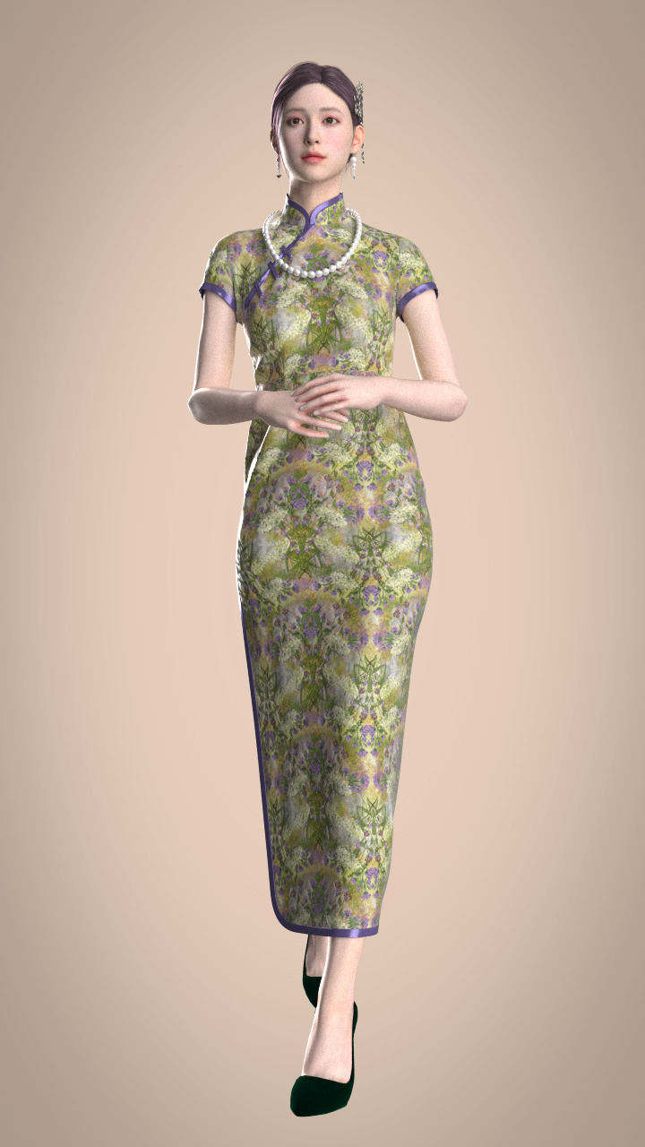 A digital model wearing a full Chinese-style outfit and a pearl necklace.