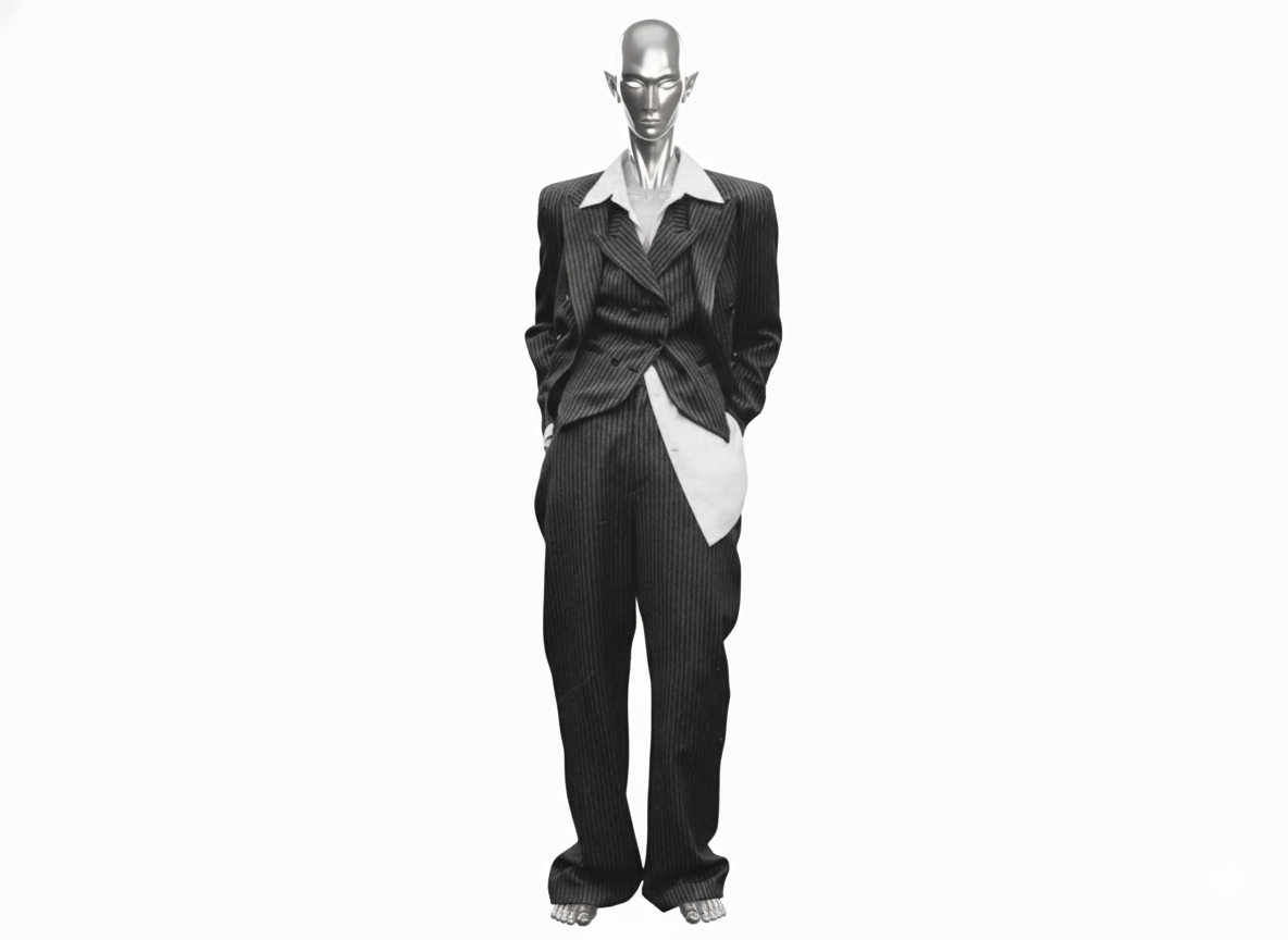 Monochrome illustration of tall, thin figure in dark suit with white shirt collar, hands in pockets, standing against plain background.