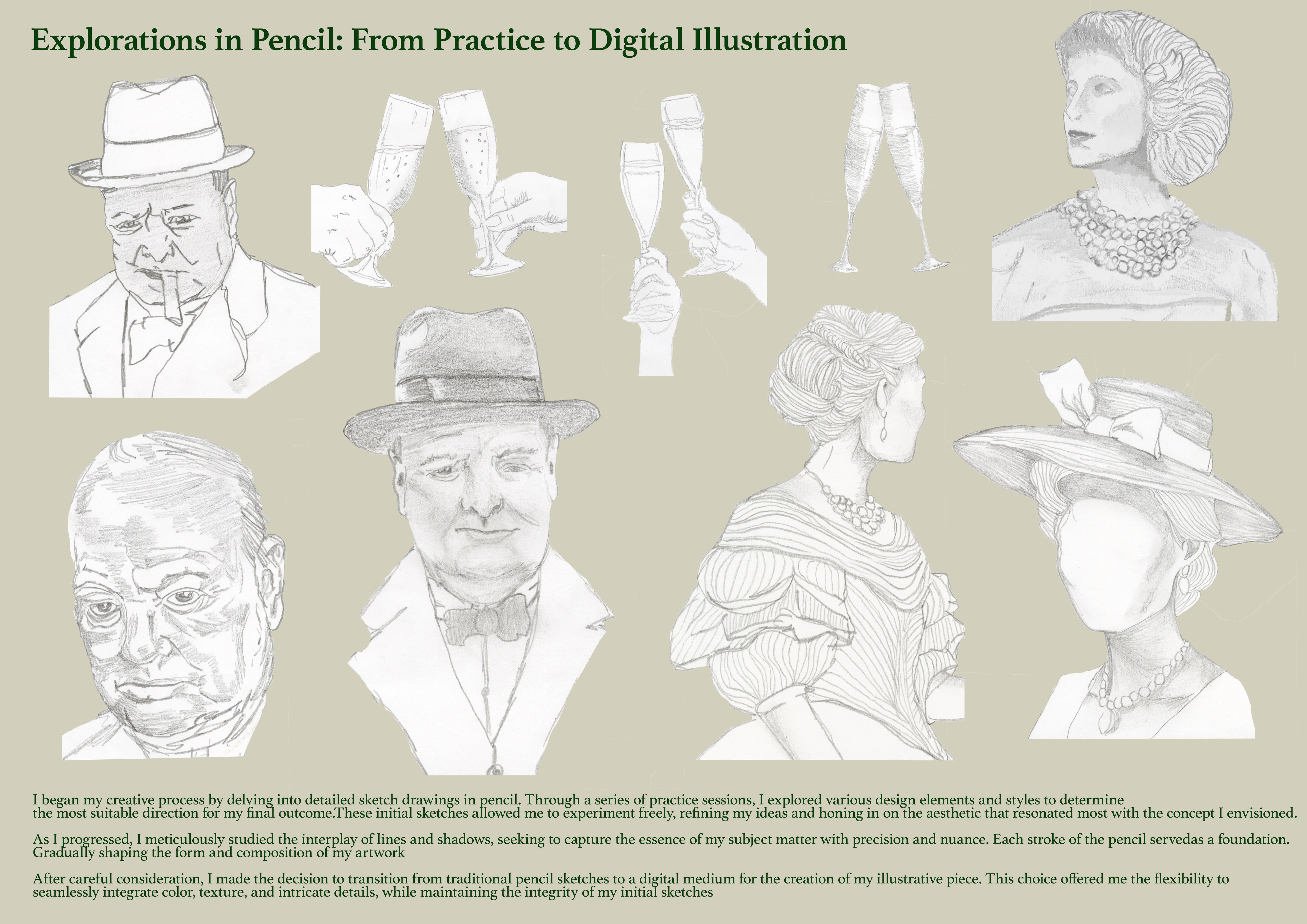 Pencil and digital illustration practice with sketches of champagne and toasting hands, Churchill and Victorian women, green text.