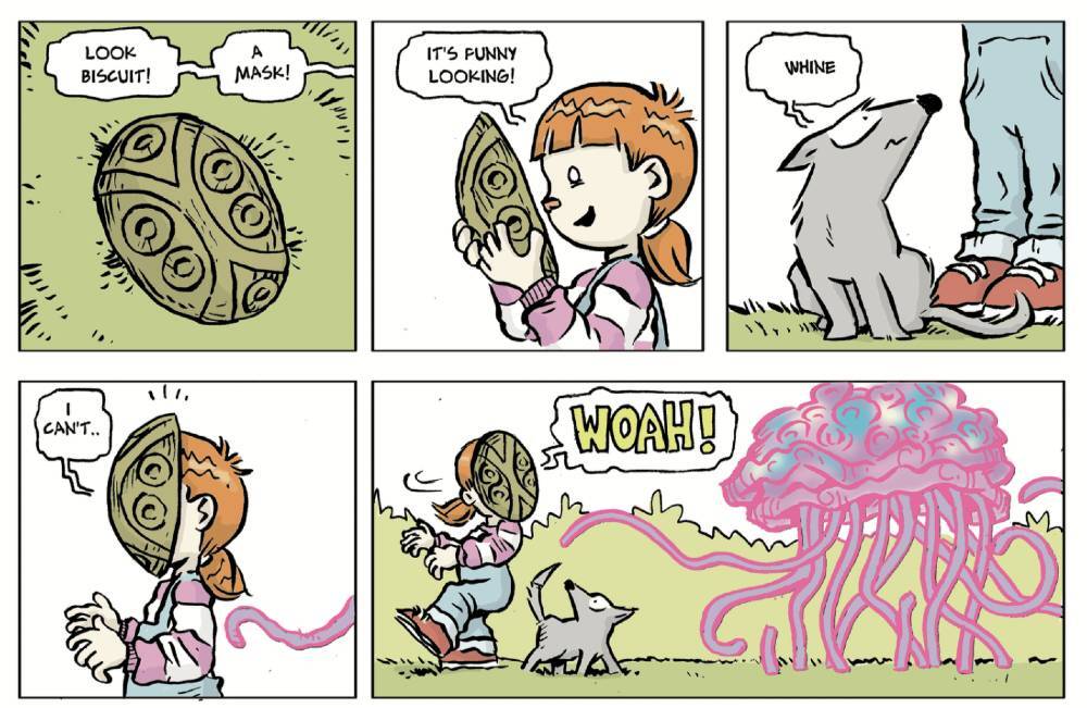 Comic strip: child with orange hair finds green spotted mask, puts it on, transforms into pink tentacled creature as grey dog watches.