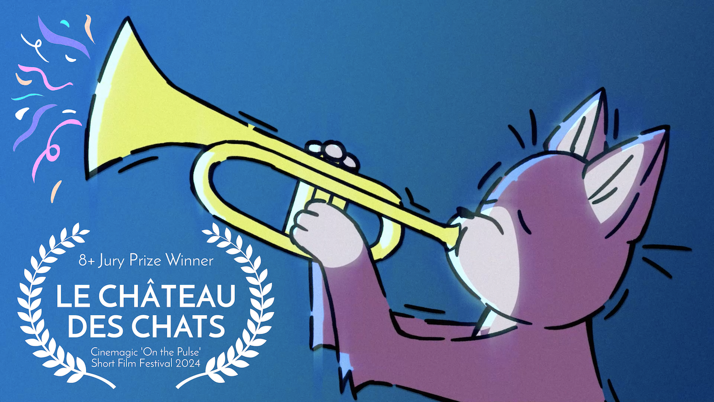 Illustration of a cat playing a trumpet with confetti coming out of the horn. Film Festival laurels contain text reading "8+ Jury Prize Winner Le Château des Chats Cinemagic 'On the Pulse' Short Film Festival 2024".