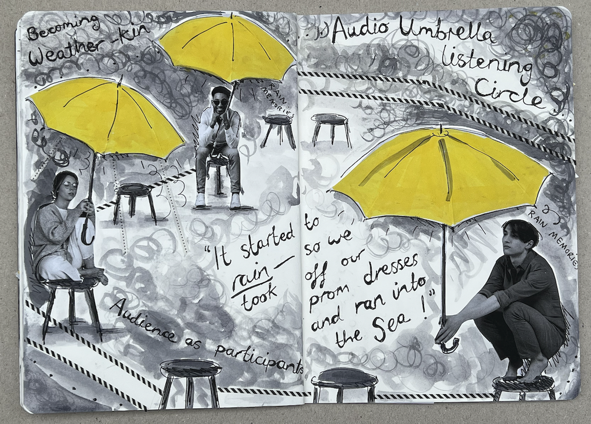 Illustration with grey background, three bright yellow umbrellas, black silhouettes of seated figures, wooden stools, and handwritten text scattered throughout composition.