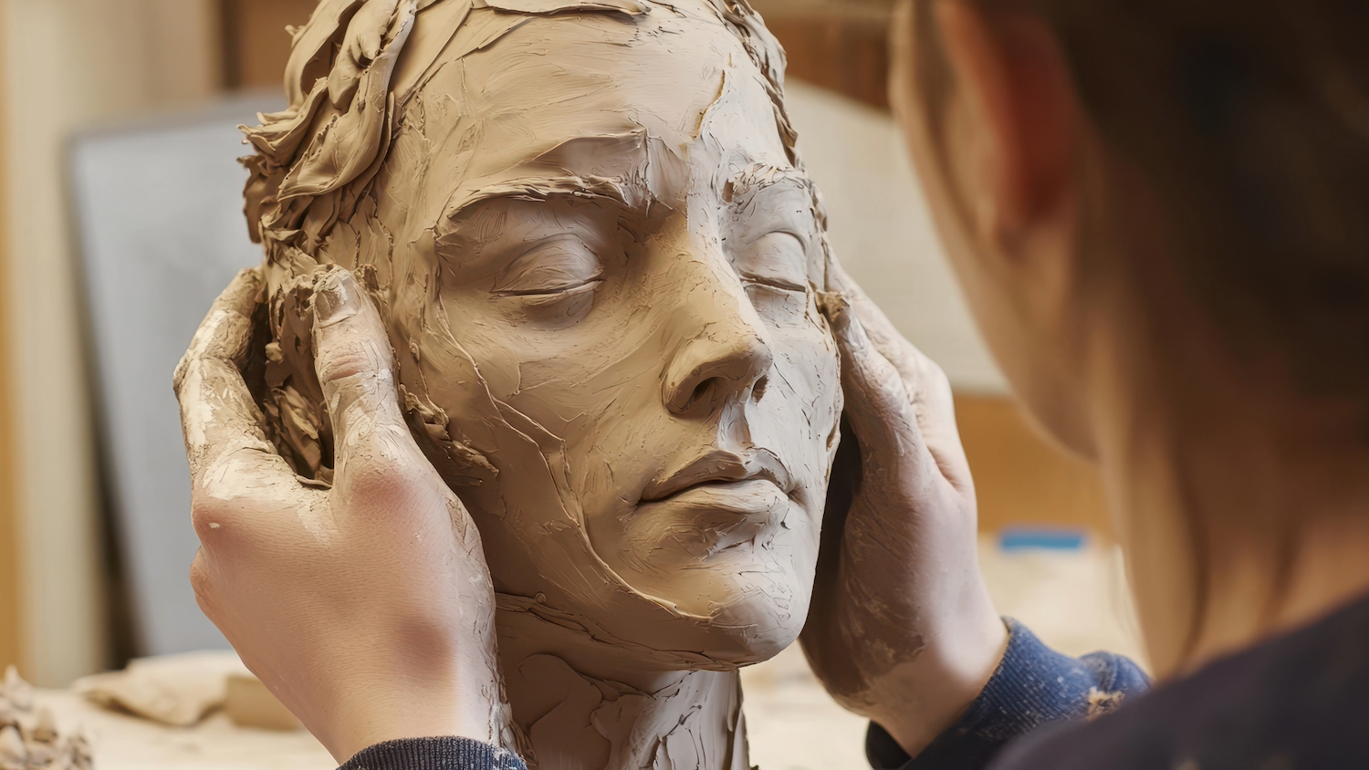 Hands positioning a clay sculpture of a human head with closed eyes and detailed facial features in an artist's studio.