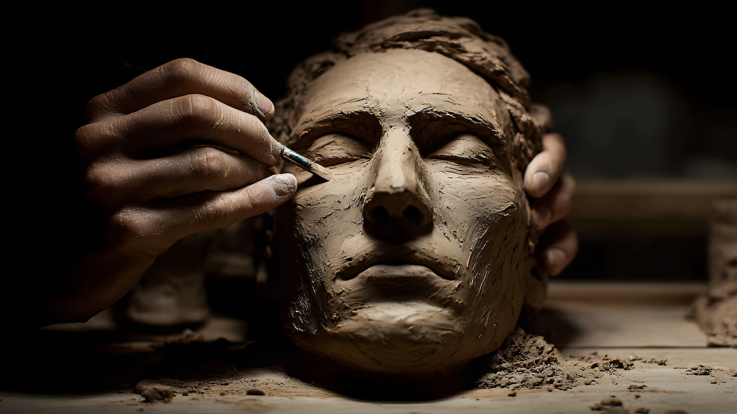 Hands sculpting clay bust of elderly man's face with detailed wrinkles and features on wooden work surface