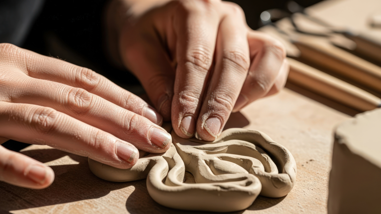 Hands shaping coiled clay on wooden surface with tools visible in background