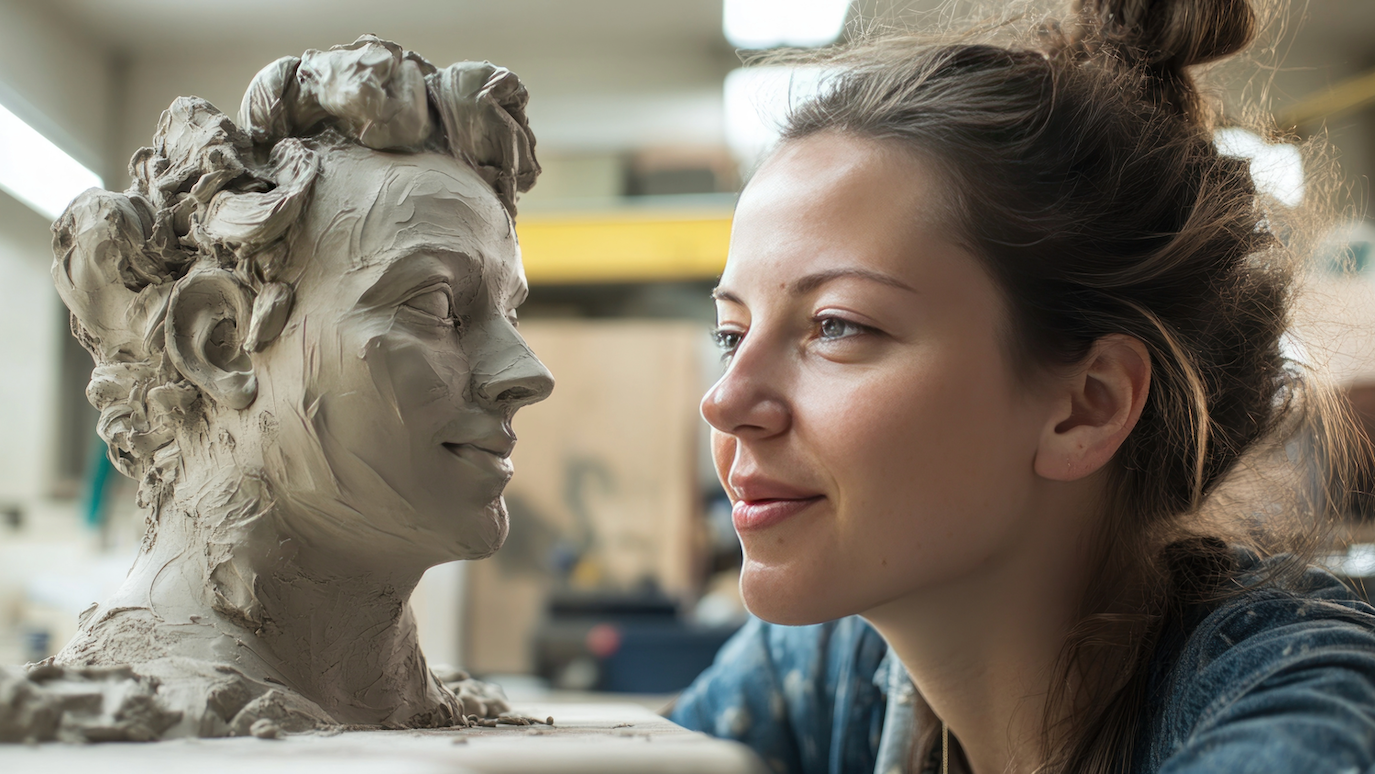 Woman with brown hair in blue shirt positioned close to grey clay sculpture of curly-haired head in workshop setting