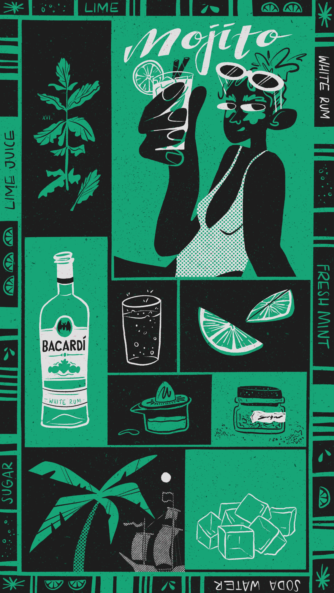 Green and black illustrated poster featuring "Mojito" text, silhouette figure holding drink, Bacardi bottle, lime slices, mint leaves, palm tree, and ice cubes in grid layout.