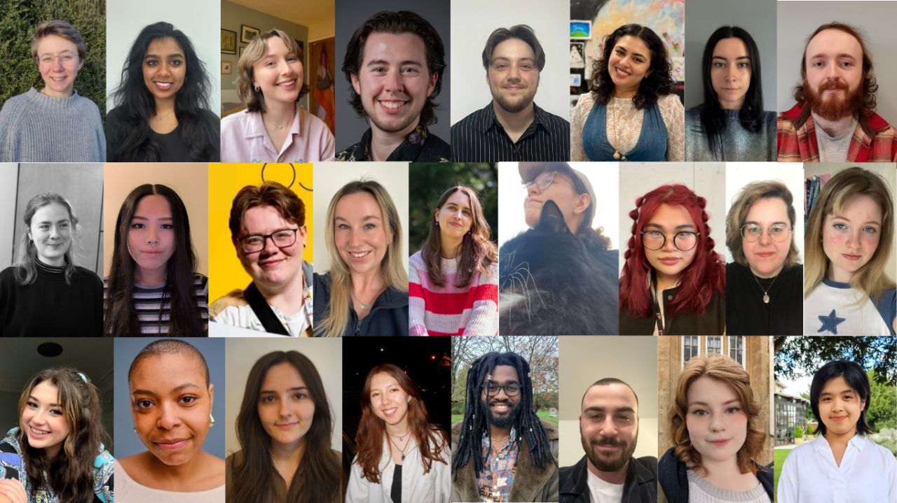 Grid of 24 headshot portraits showing diverse group of people with varied hair colours, styles, and backgrounds in individual frames.