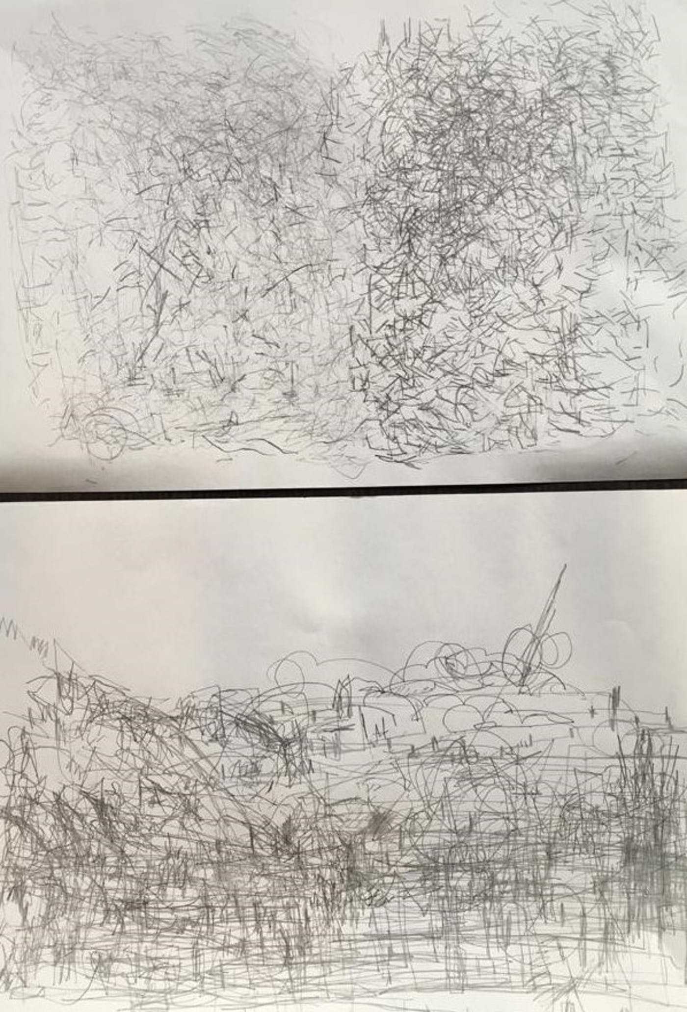Two pieces of paper with different artworks made up of small black marks.