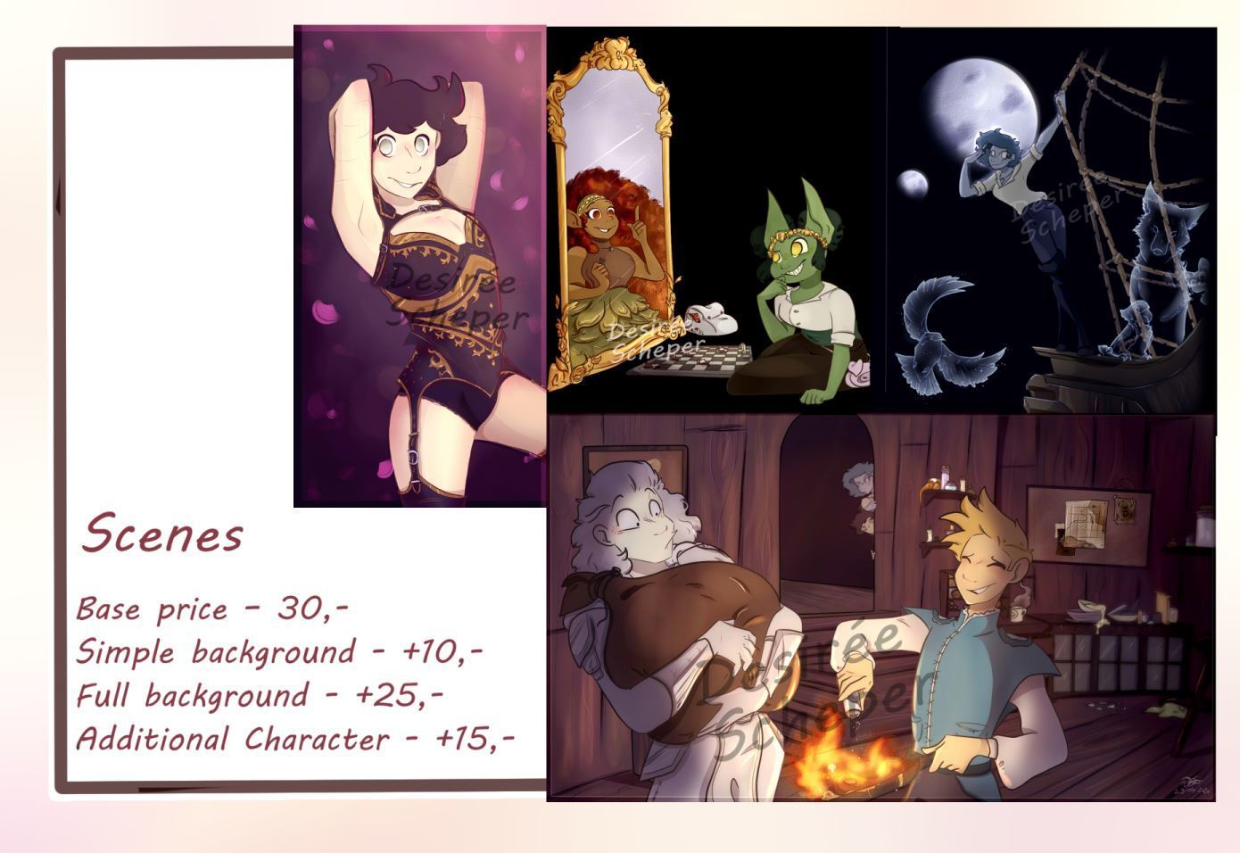 Several colour animations of original and fantasy characters by D. Scheper.