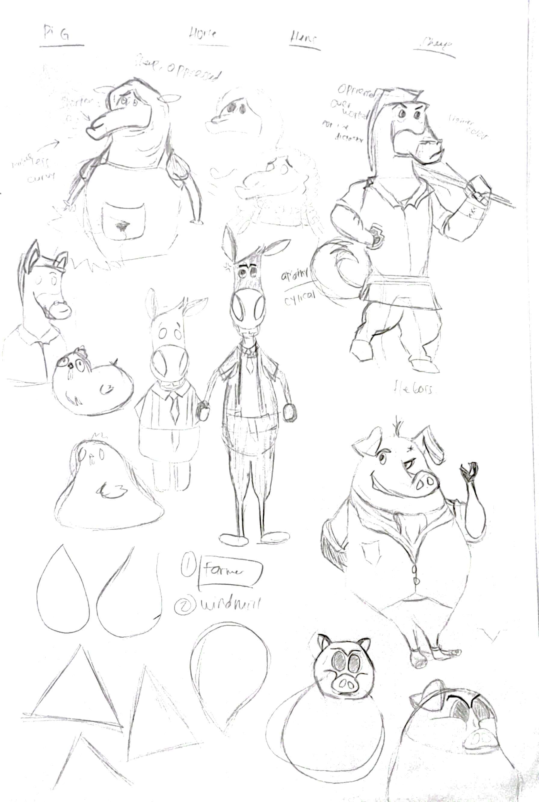 Rough pencil sketch illustrations of different animal characters – sheep, horses, donkeys, pigs and chickens.