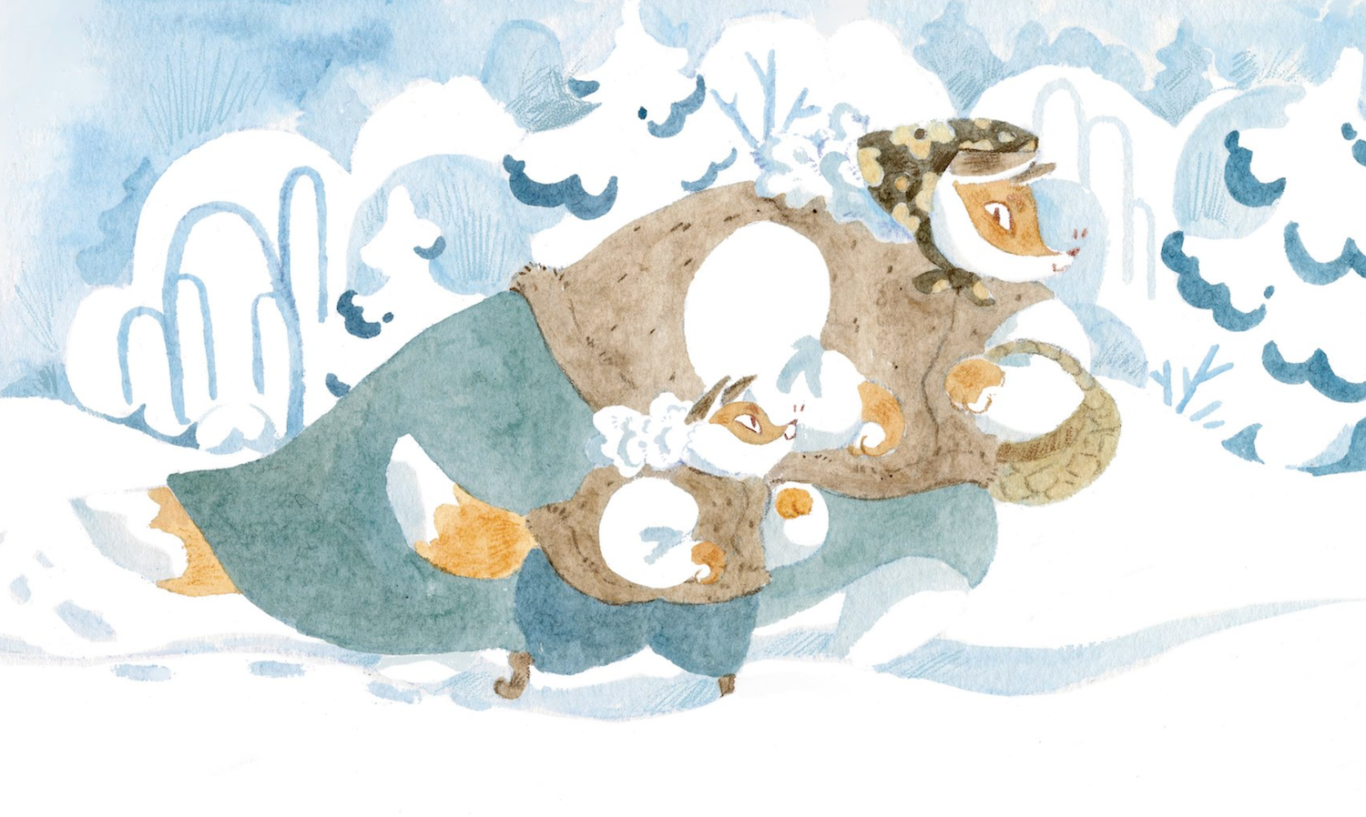 Illustration of mother child and fox walking through the snow in clothes, snowy trees and watercolour background.