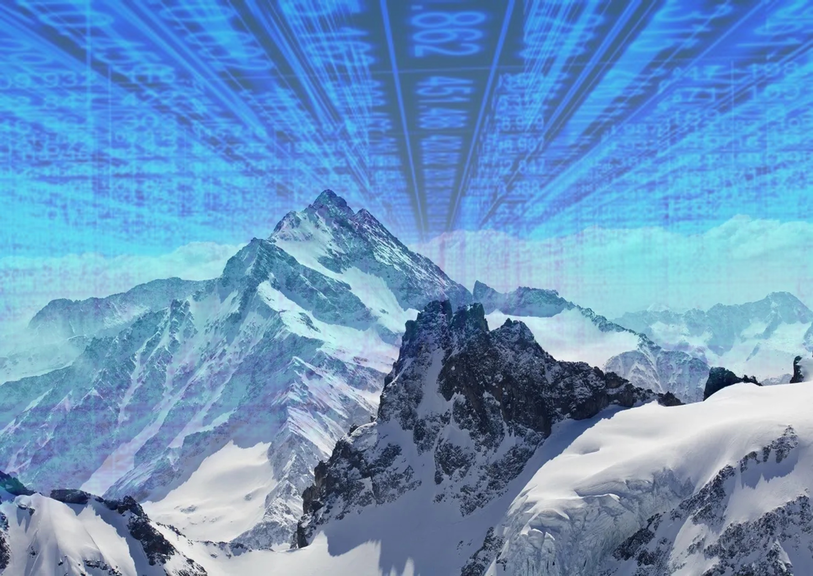A moutain with blue code flying over it like wind
