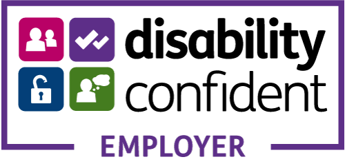 Colourful icons against dark background: two people in pink, tick in purple, lock in blue, speech bubble in green. Text "disability confident EMPLOYER" in large purple letters and framed.