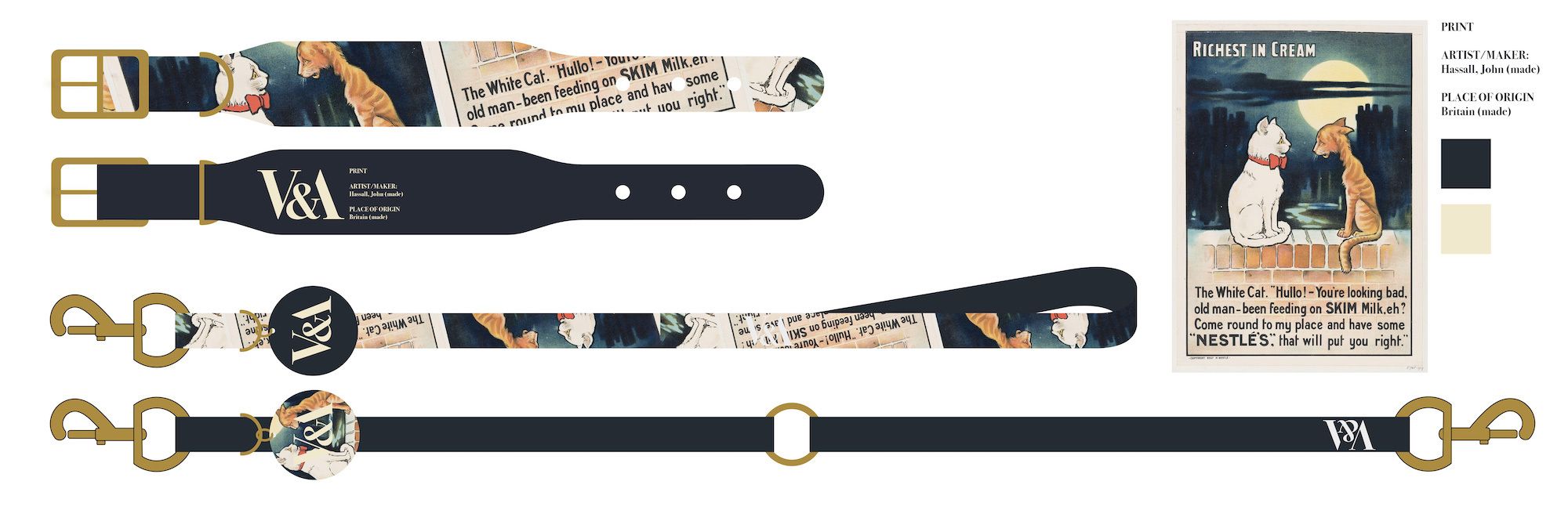 Several items including collars and leashes with the V&A logo appear on a white background.