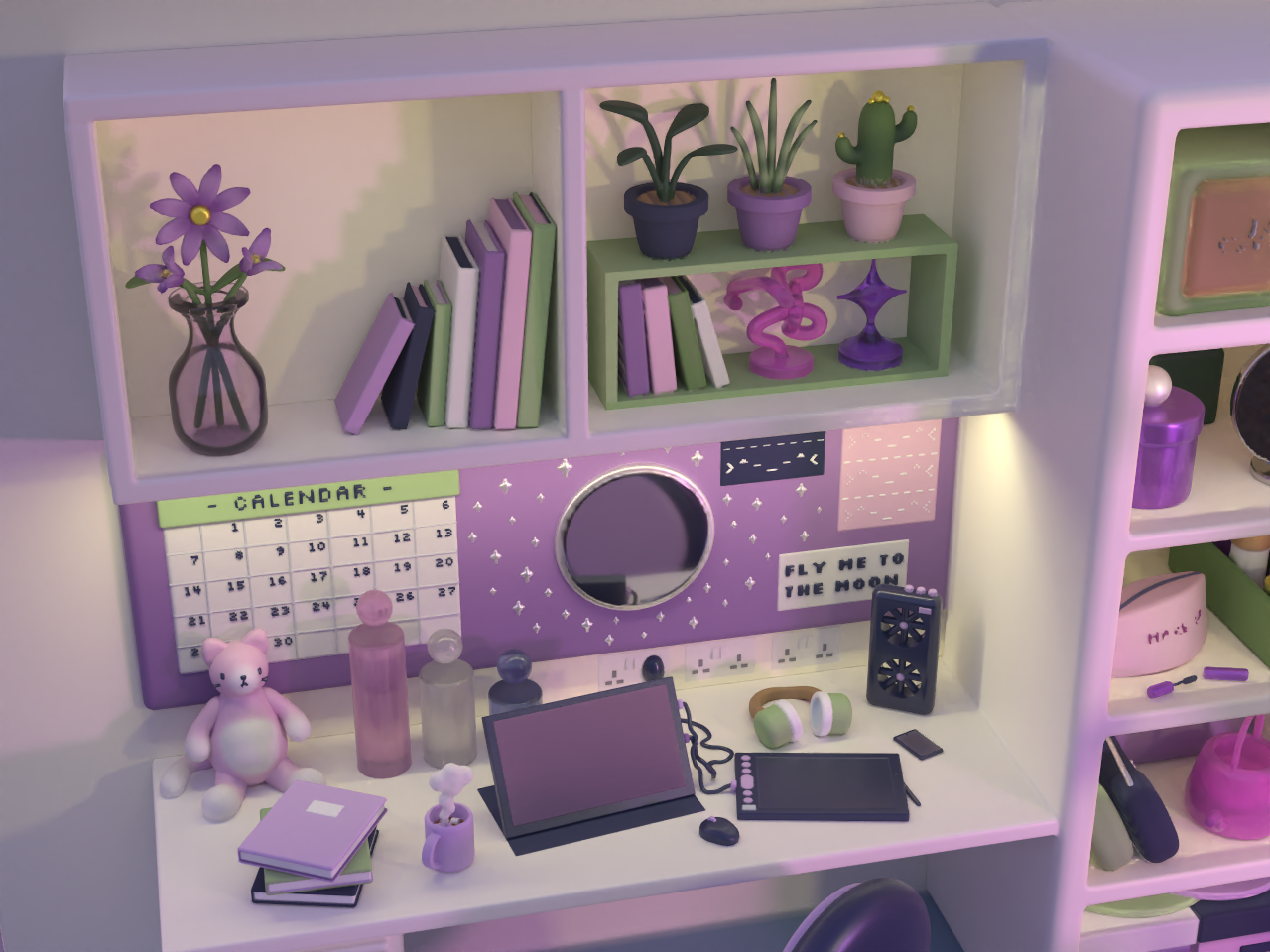 3D render of an AUB Accommodation desk with purple objects and background.