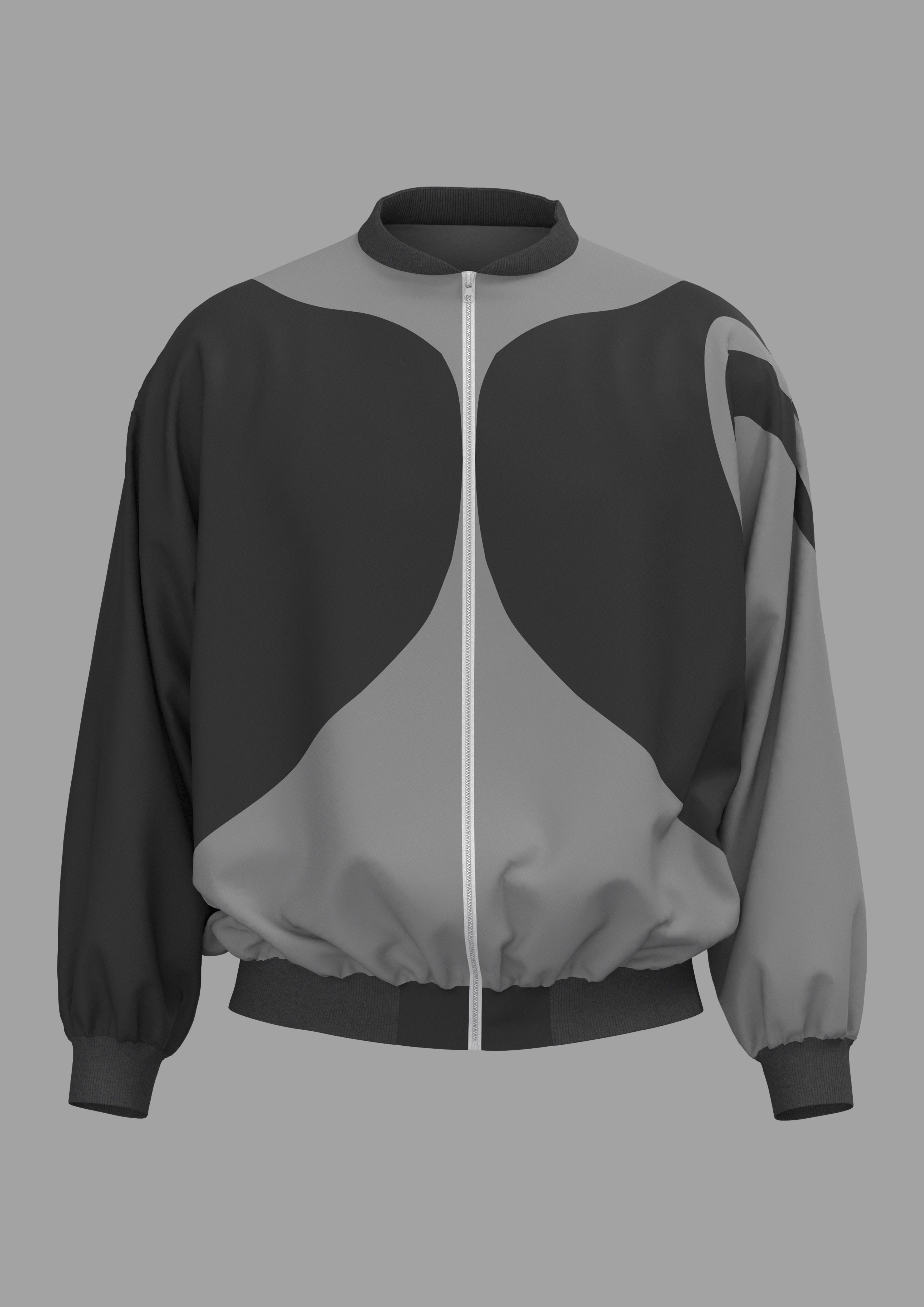 A grey bomber jacket rendered with 3D software