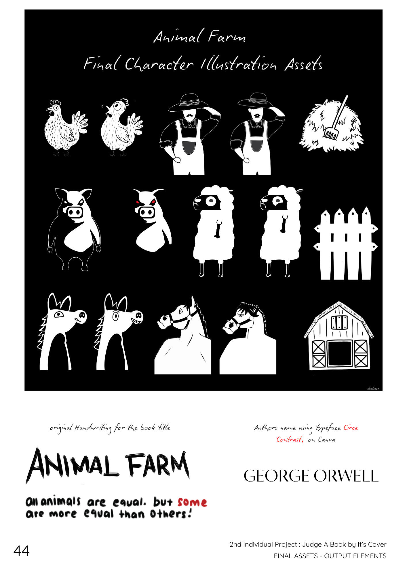 Portfolio page showing 15 illustration assets in three rows of five. The illustrations are of chickens, a farmer, a hay bale with a pitchfork in it, pigs, sheep, a fence, a donkey, a horse and a barn. Underneath are typography samples for a book title "Animal Farm" and the author's name "George Orwell"