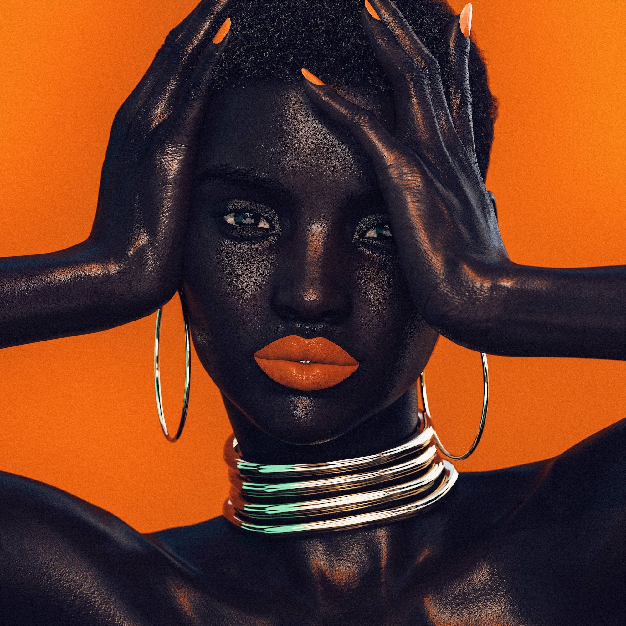 Close-up of a digital supermodel wearing a thick gold necklace, bright red lipstick and gold hoop earrings, looking straight at the camera, her hands are on her head.