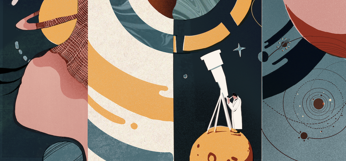 Illustration of a scientist standing on a small planet peering into a large telescope, pointed upwards, with planets and other space images appearing above.