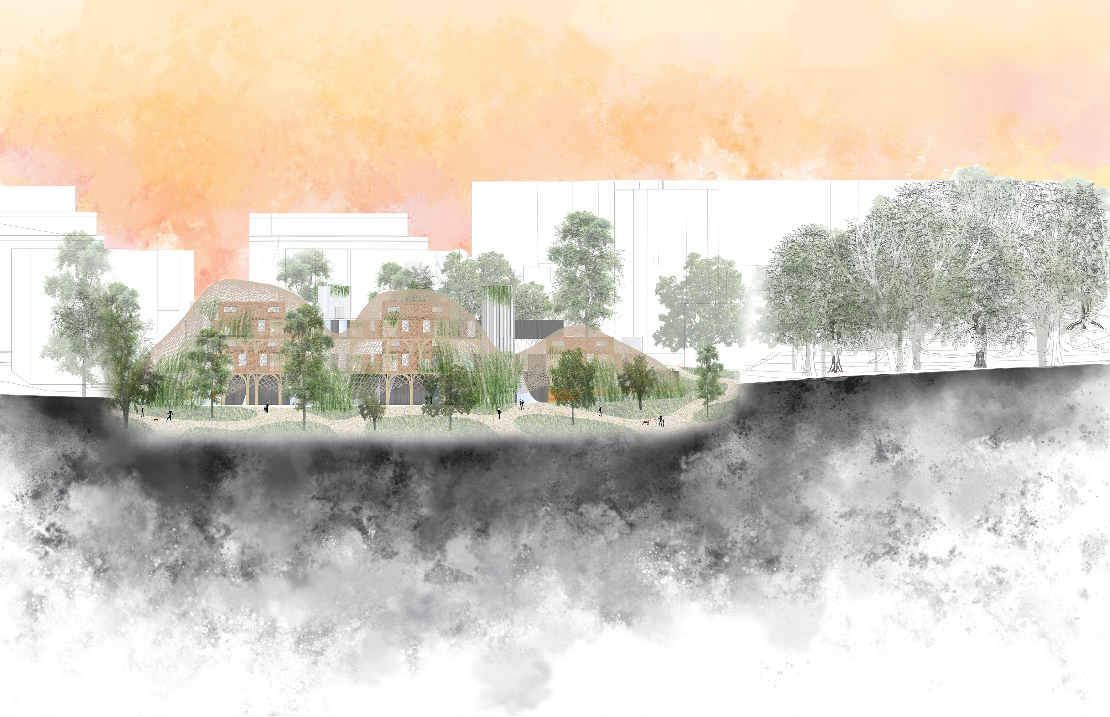 Watercolour image of three buildings surrounded by trees and a cityscape in the background