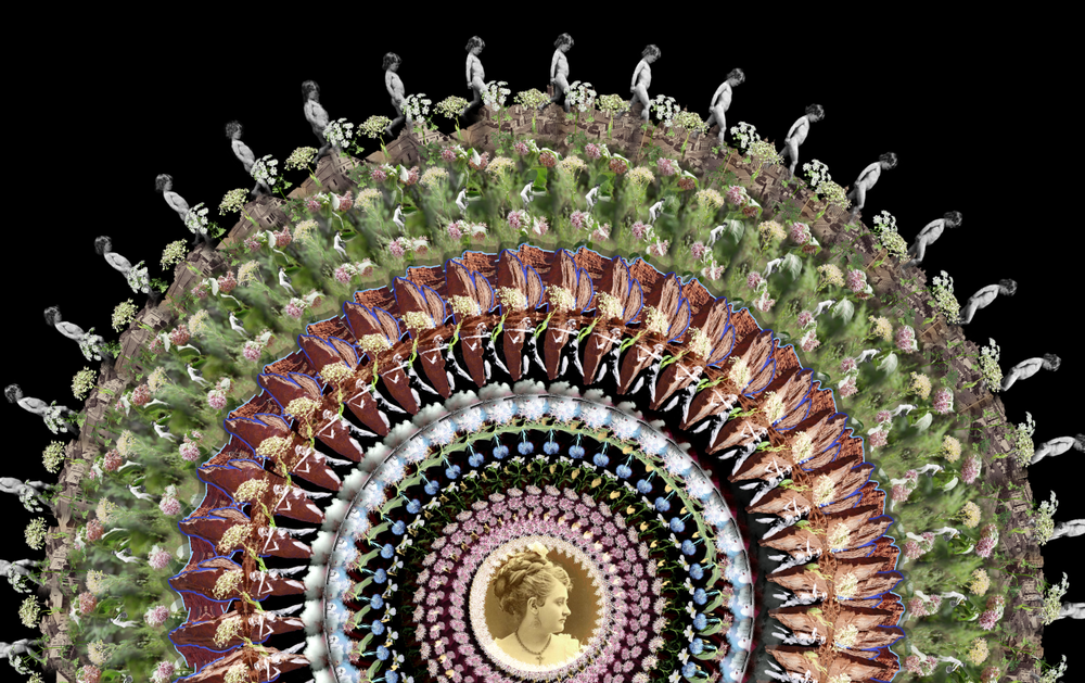 Sepia tinted portrait of a woman surrounded by rings of different repeated images.