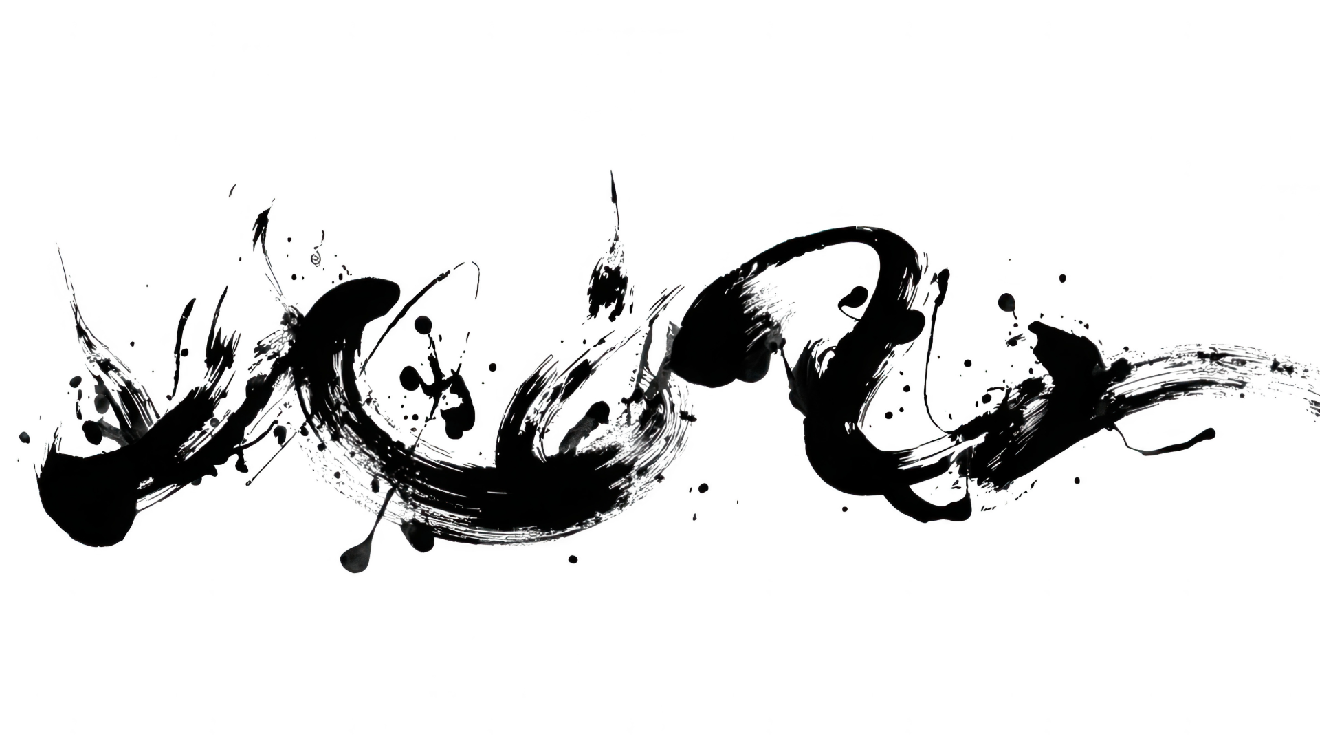 Abstract black ink brushstrokes and splatters on white background with dynamic sweeping curves and scattered droplets