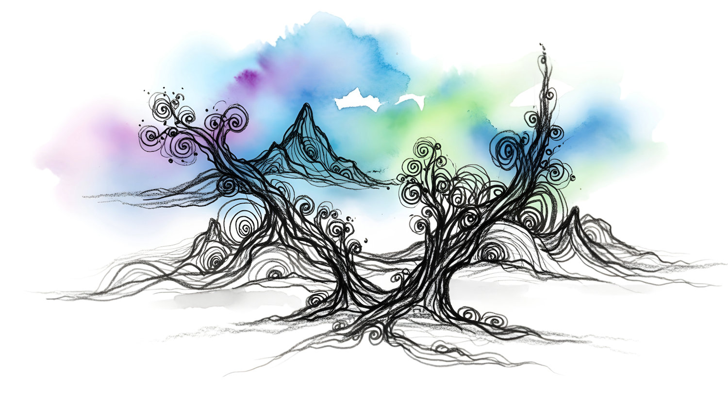 Black ink drawing of ornate swirling tree with decorative branches against watercolour background of blue, purple and green washes