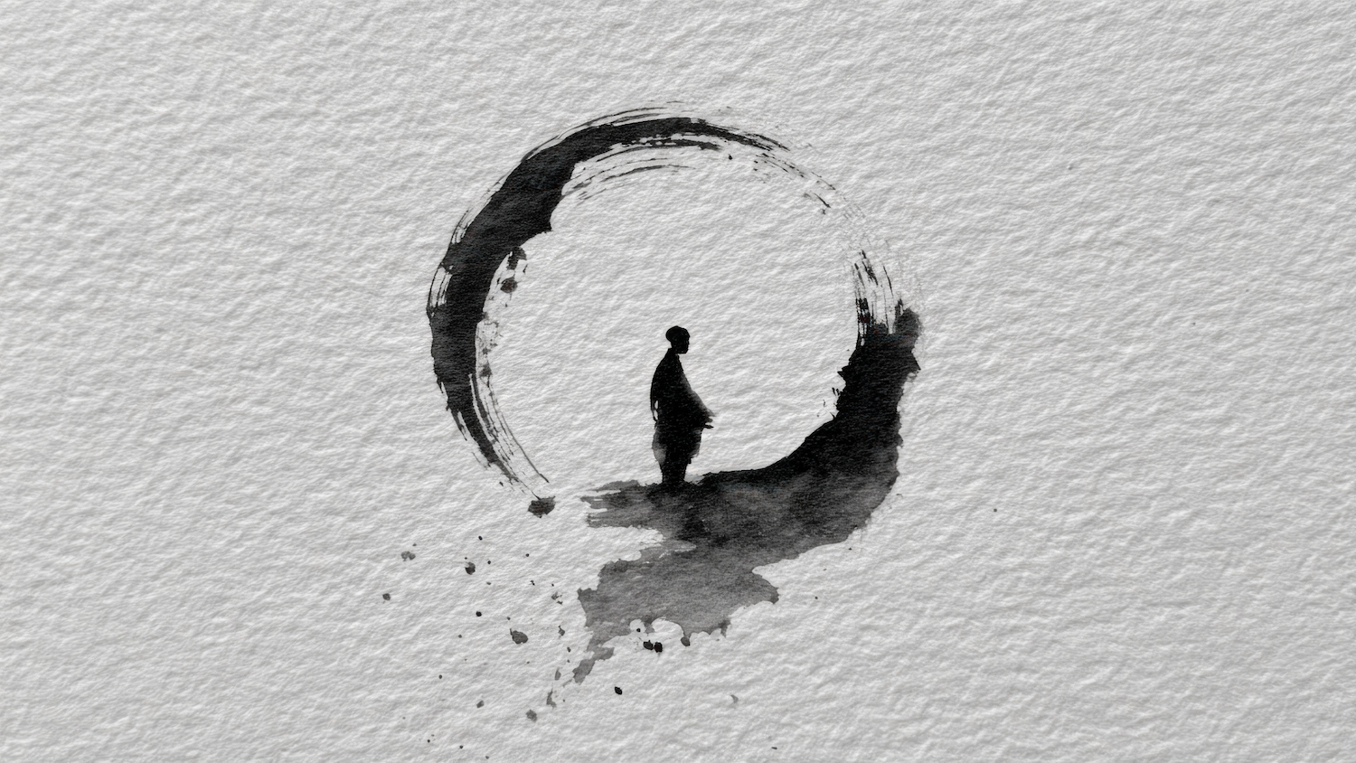 Black ink brushstroke forming incomplete circle with small human silhouette standing inside on white textured paper