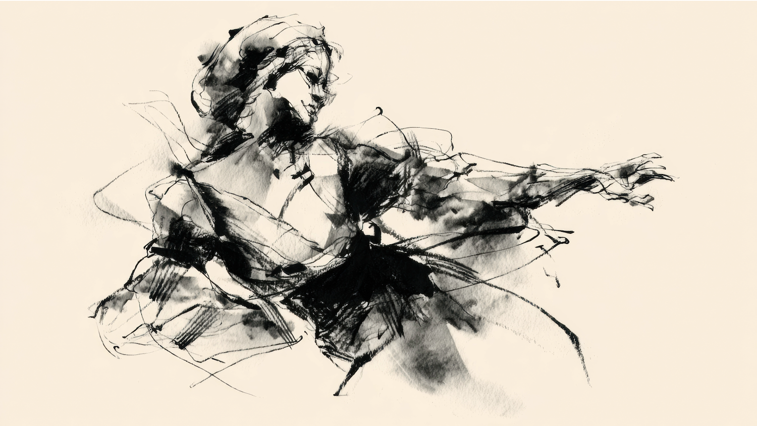 Ink sketch on cream paper showing dynamic black brushstrokes and lines forming abstract human figures in motion
