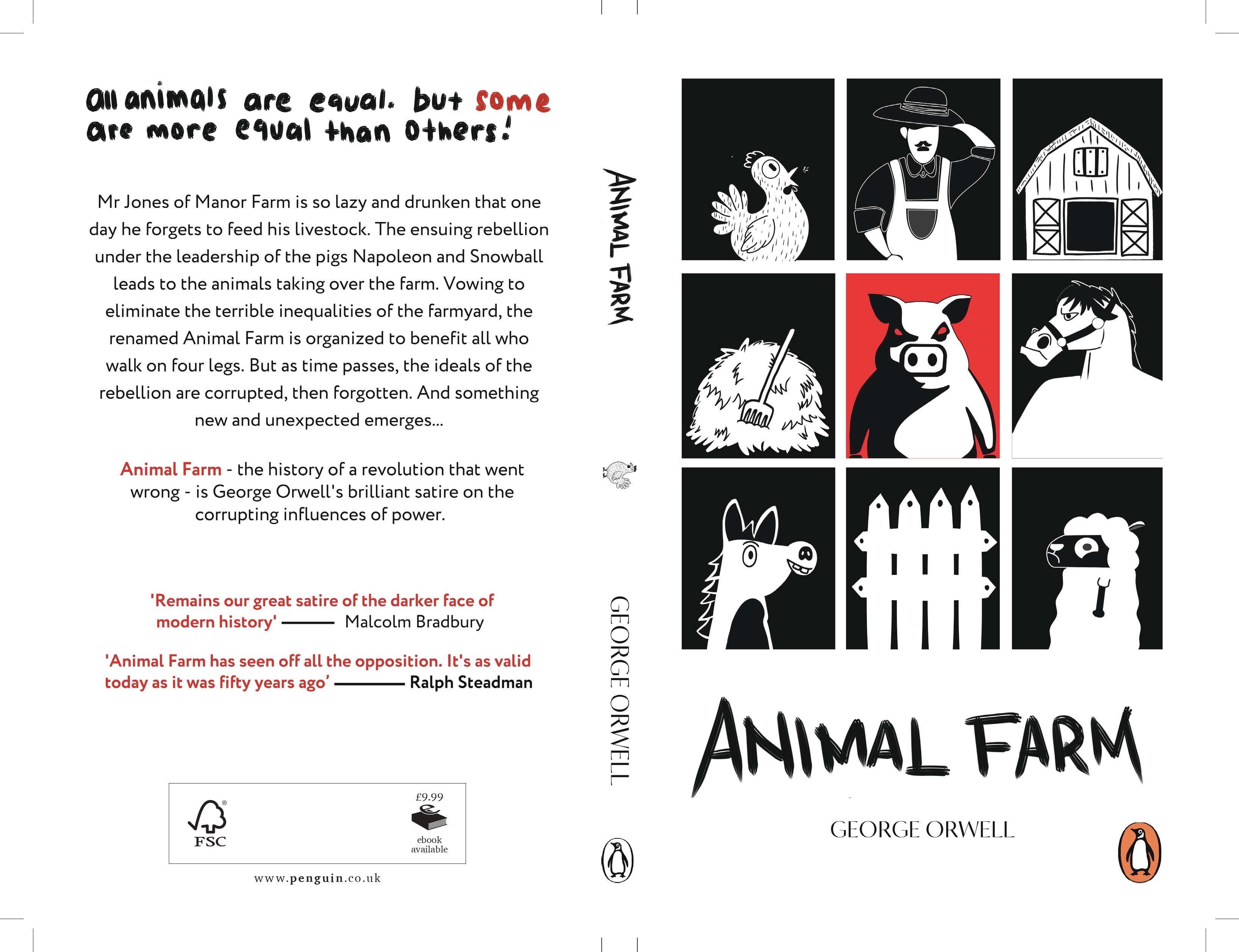 Designs for back and front covers for a new edition of Animal Farm. Blocks of text forming the blurb and quotes are on the left-hand page. A grid of nine illustrations appear on the right-hand page. The title "Animal Farm" appears underneath the grid.