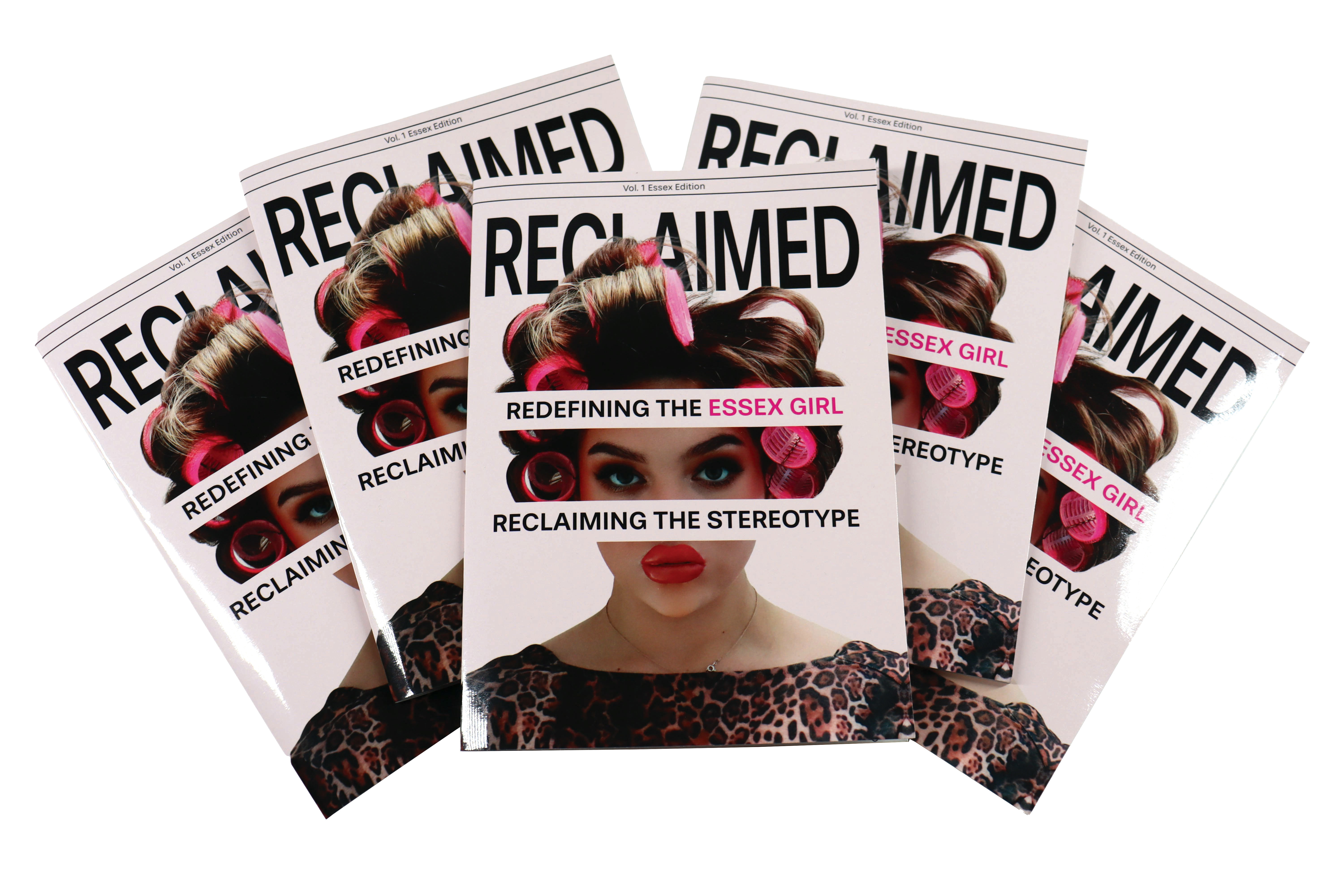 Five magazine spread titled 'Reclaimed, redefining the Essex girl, reclaiming the stereotype' with an image of a girl with pink hair curlers.
