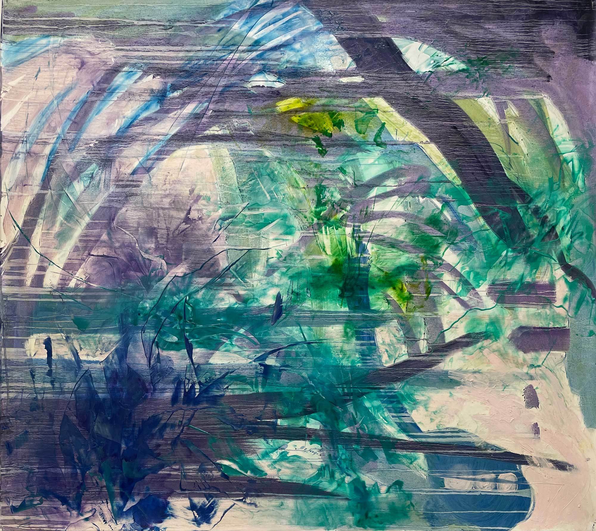 Abstract painting of an island scene full of plant life painted at various angles.